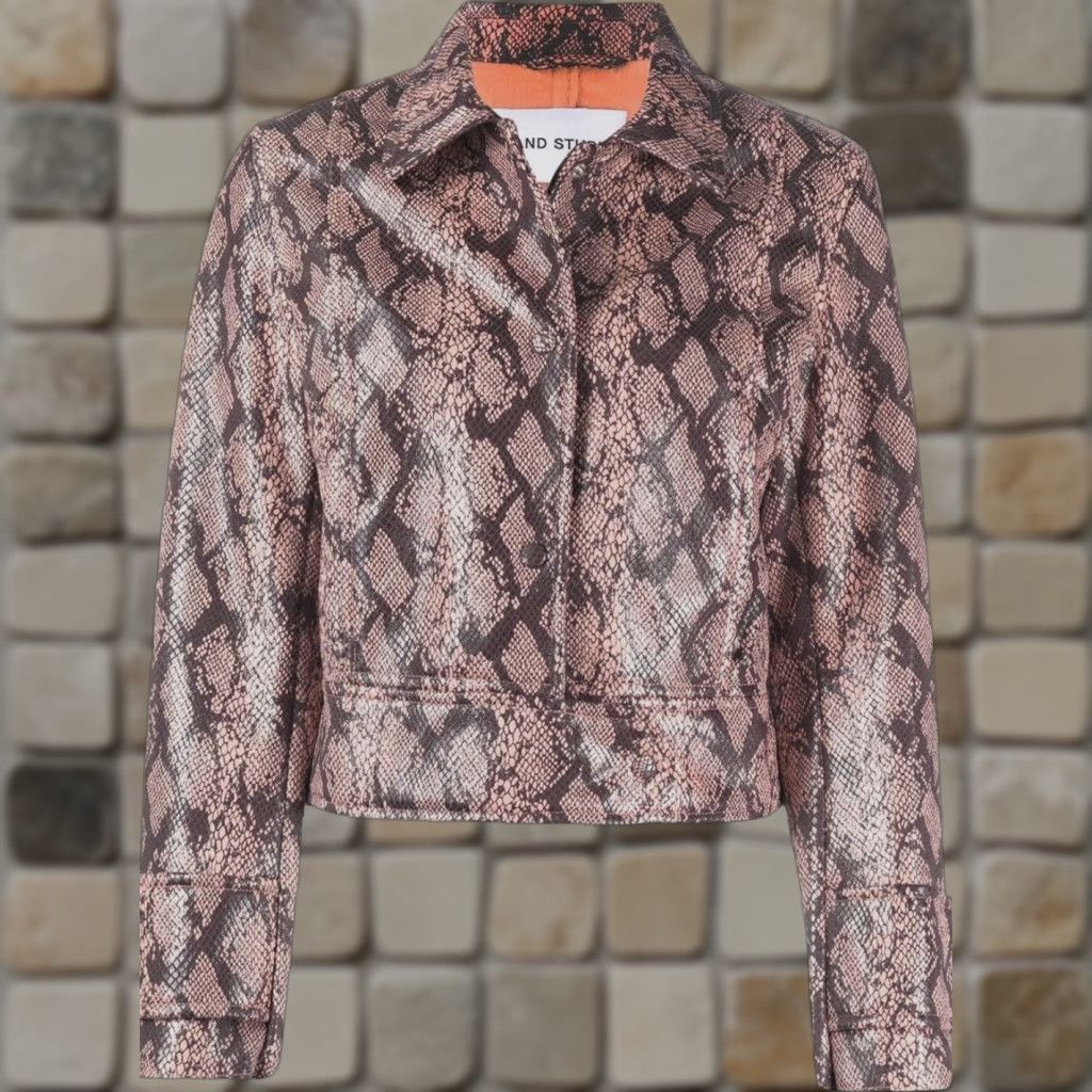 STAND STUDIO NWT Stand Studio Erin Jacket Faux Snake XS Womens Peach Snake Short Long Sleeve Bike Ripper City Designer Pockets Collared Jacket Woman US 4/XS Size XS / US 0-2 / IT 36-38 - 1 Thumbnail