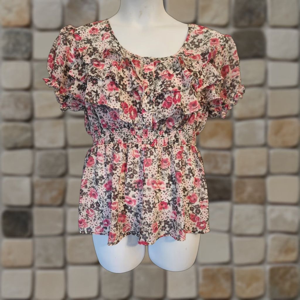 Torrid Torrid Black Rose Pink Floral Smocked Elastic Waist Ruffle Top 0X Size XL / US 12-14 / IT 48-50 - 1 Thumbnail