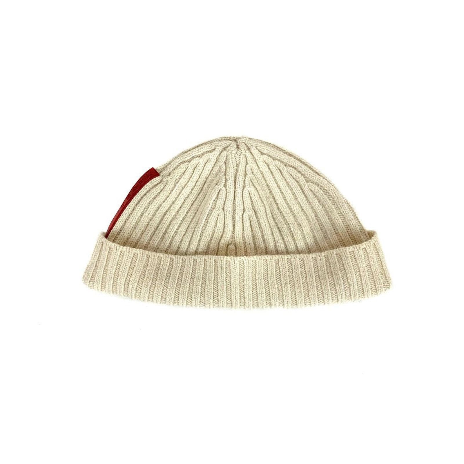 美品 00s PRADA SPORTS WOOL LOGO BEANIE Prada Sport White Cream 00s Wool Knit Ribbed Beanie – ajpg_shop