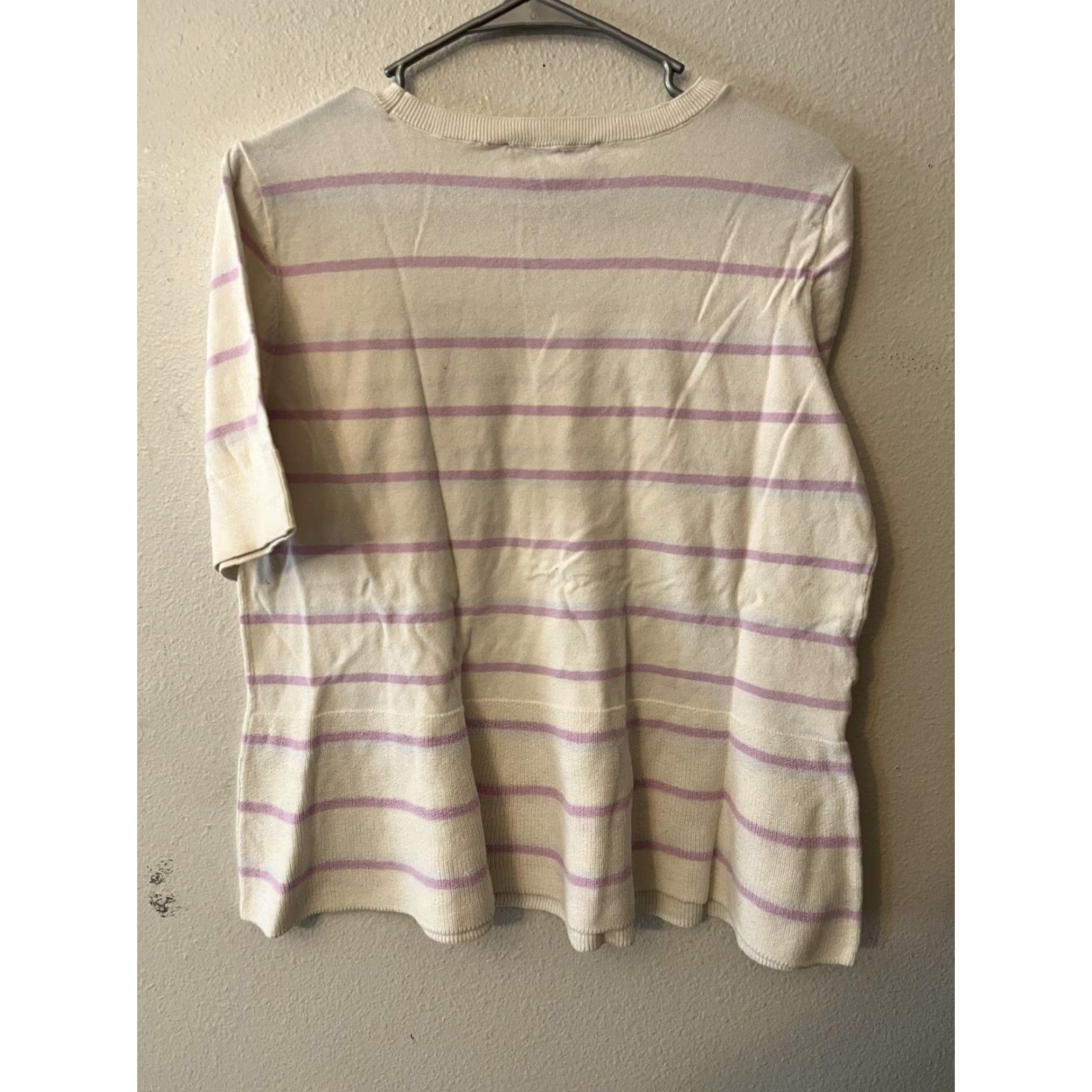 Ann Taylor VINTAGE Ann Taylor Loft Sweater Shirt Womens L White Purple Striped Short Sleeve Crew Neck Knit Targeted keywords Size L / US 10 / IT 46 - 3 Thumbnail