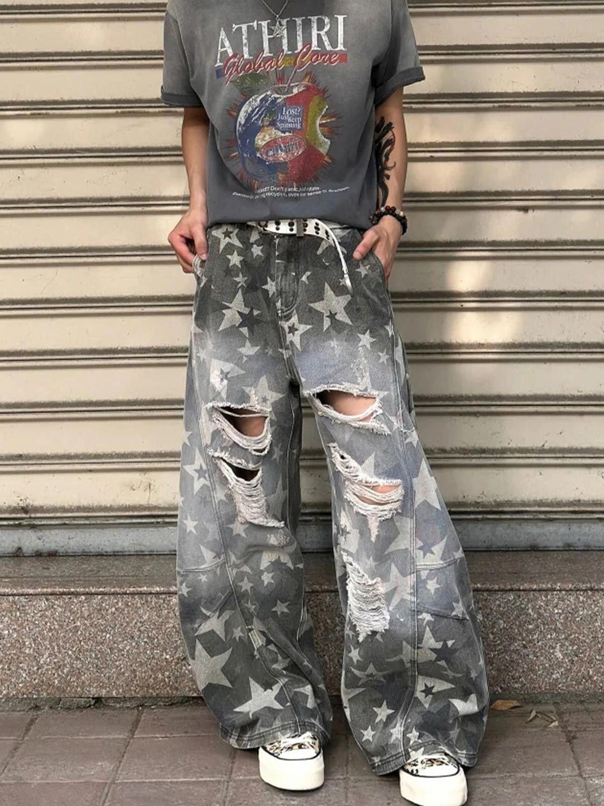 Jean Gray Distressed Star Print Wide Leg Jeans, Baggy Fit Size US 28 / EU 44 - 5 Thumbnail