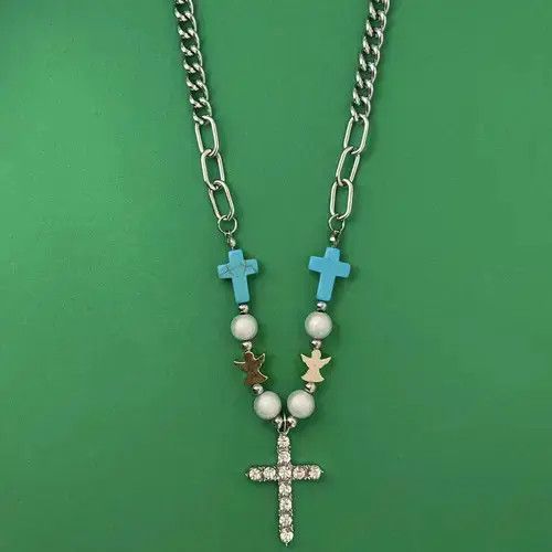 Jewelry Titanium Steel Cz Cross Pendant Necklace For Men Women in Silver