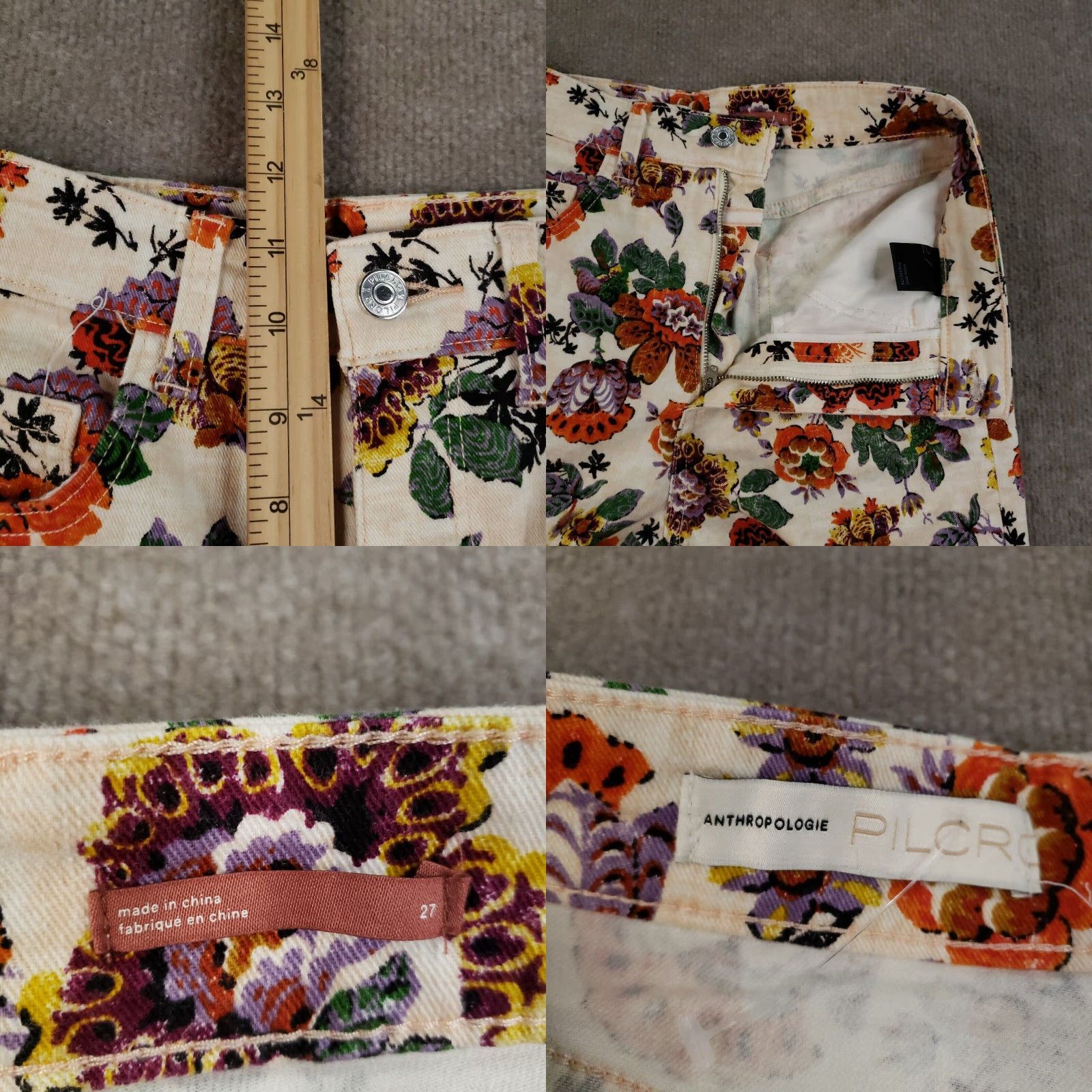 Anthropologie VINTAGE Anthropologie Pilcro Pants Womens 27 Cigarette High Rise Floral Raw Hem Boho Denim Stretch Orange 27 Mens Girls Womens Size 27" / US 4 / IT 40 - 8 Thumbnail