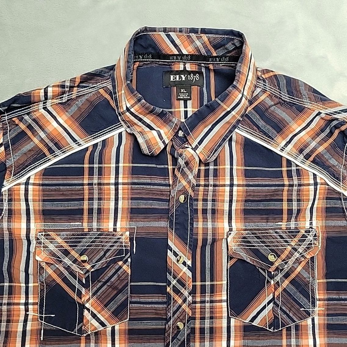 Vintage Ely 1878 Western Shirt Men XL Navy Orange Plaid Pearl Snap Cowboy Rodeo Size US XL / EU 56 / 4 - 3 Thumbnail