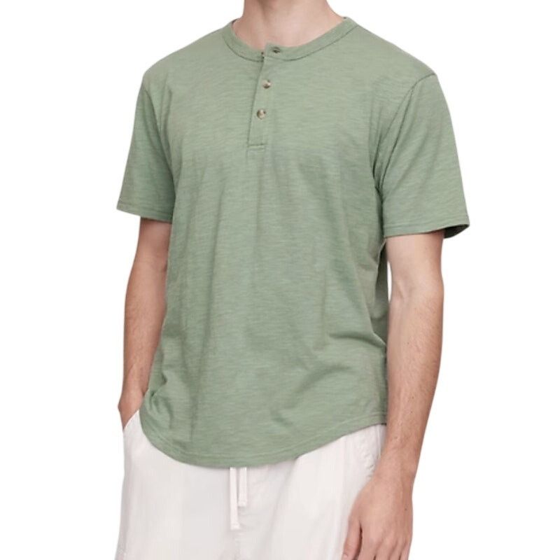 Gap Gap Green Lived-In Relaxed Curved Hem Henley T-Shirt Size US L / EU 52-54 / 3 - 1 Thumbnail