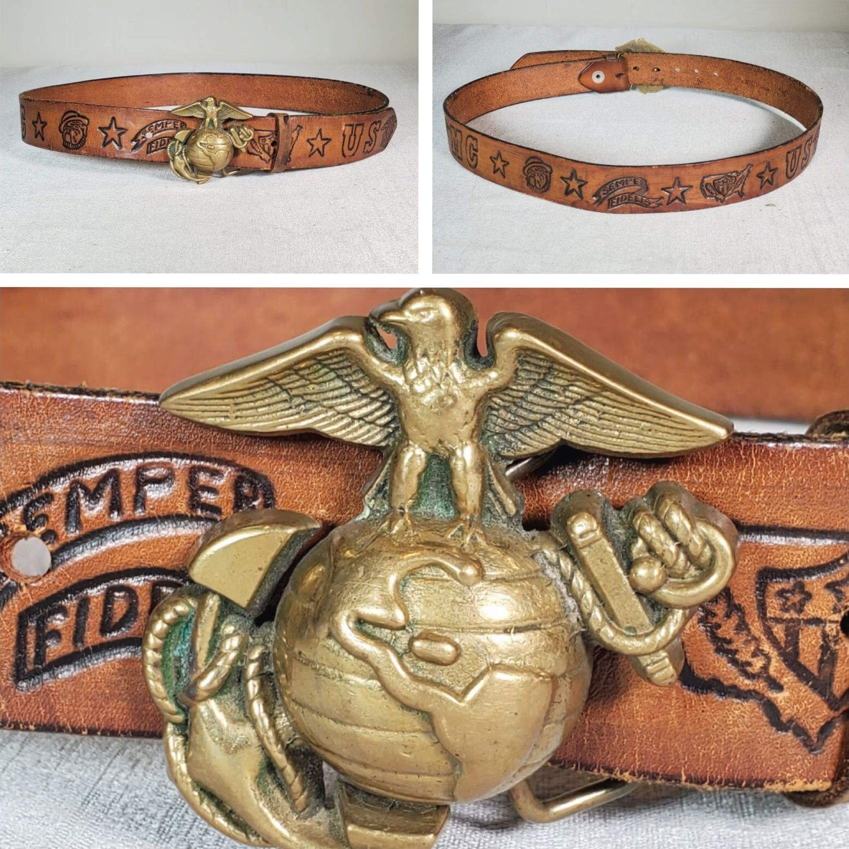 Vintage VINTAGE Baron Buckles USMC Marine Corps Brass Eagle Emblem Belt Buckle Leather Belt Mens Womens Adults Brown 1970s Size ONE SIZE - 2 Thumbnail