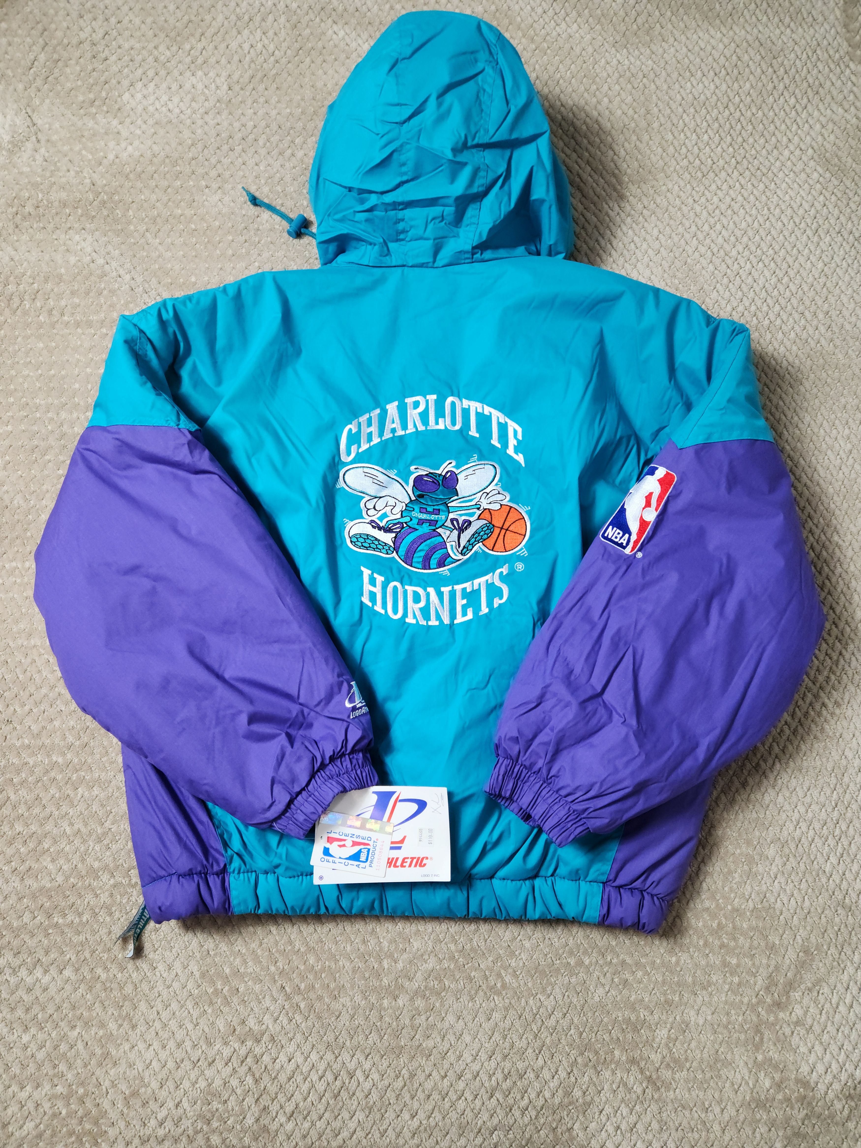 image of Logo Athletic Vintage 90's Charlotte Hornets Windbreaker Puffer Jacket in Blue/Black/Purple (Size X