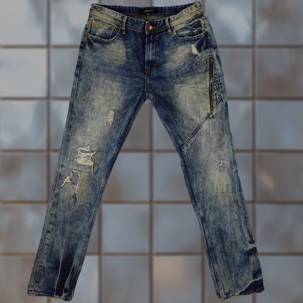 Denime Akoo Jeans Mens 36 Denim Distressed Zipper Pocket 5-Pocket Regular Blue Hip Hop Logo Size US 36 / EU 52 - 1 Thumbnail