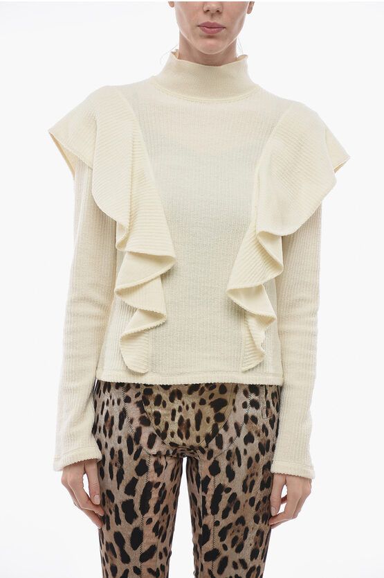 image of Chloe Turtleneck Wool Sweater With Ruffled Sleeves in White, Women's (Size Medium)
