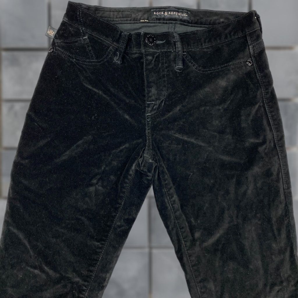 Vintage Rock & Republic Kashmiere Pants Womens 8M Black Velvet Skinny Mid-Rise Stretch Size 30" / US 8 / IT 44 - 1 Thumbnail