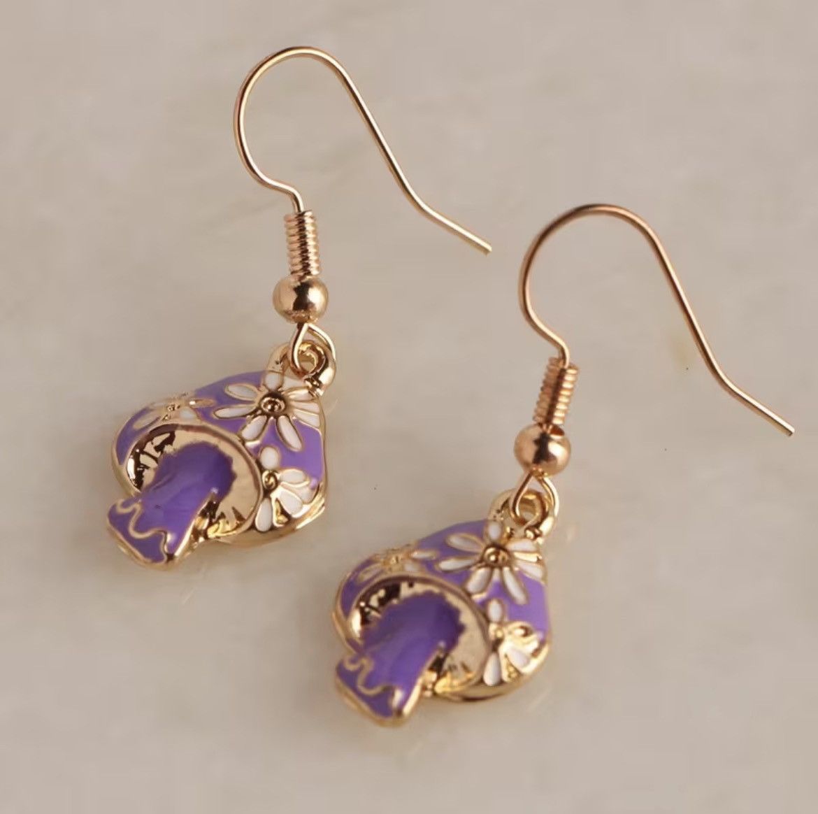 Other Gold Tone Purple Enamel Mushroom Floral Cute Dangle Earrings Size ONE SIZE - 4 Thumbnail