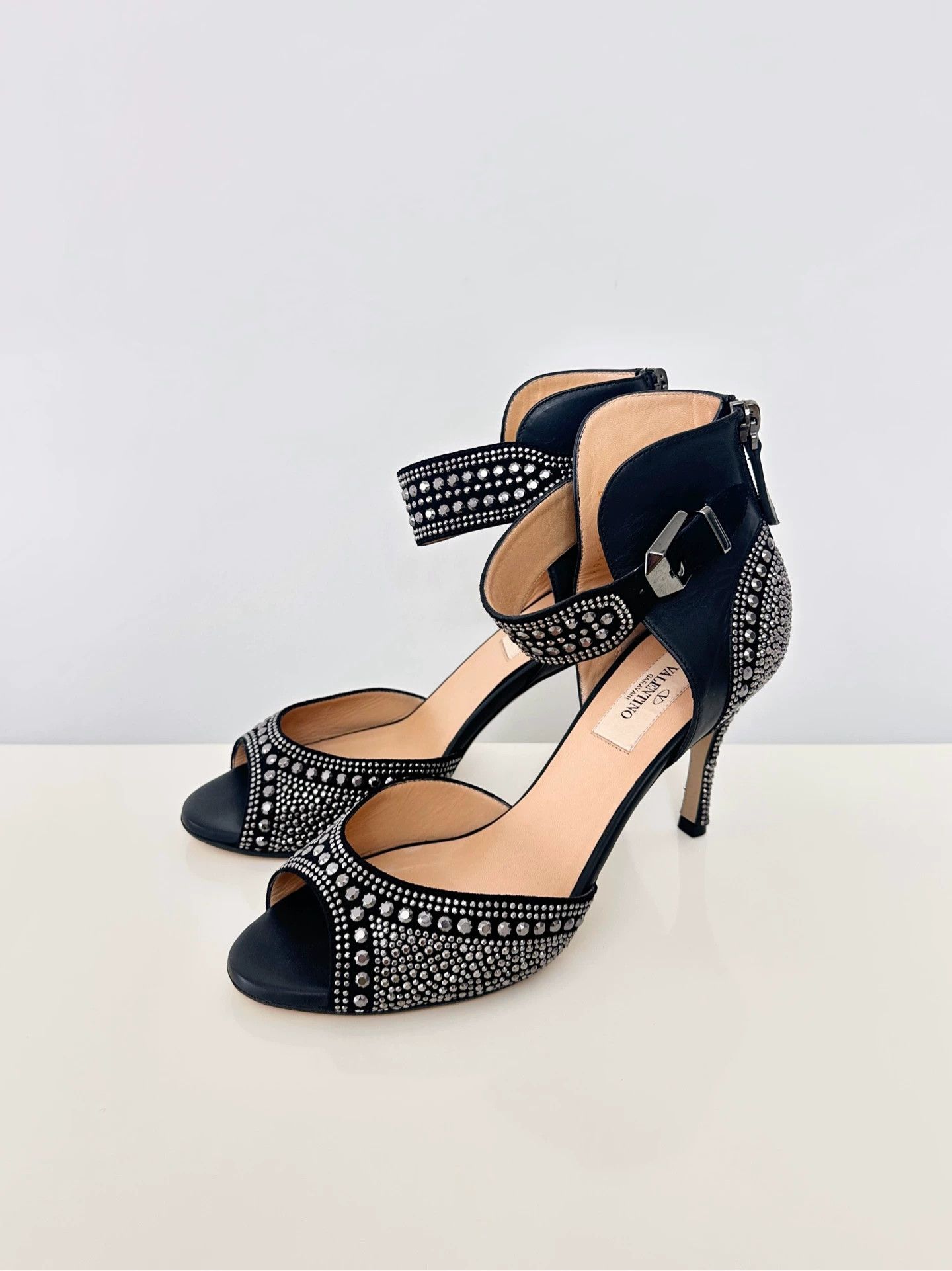 Valentino Women's Black Crystal Leather Heeled Sandals 36.5