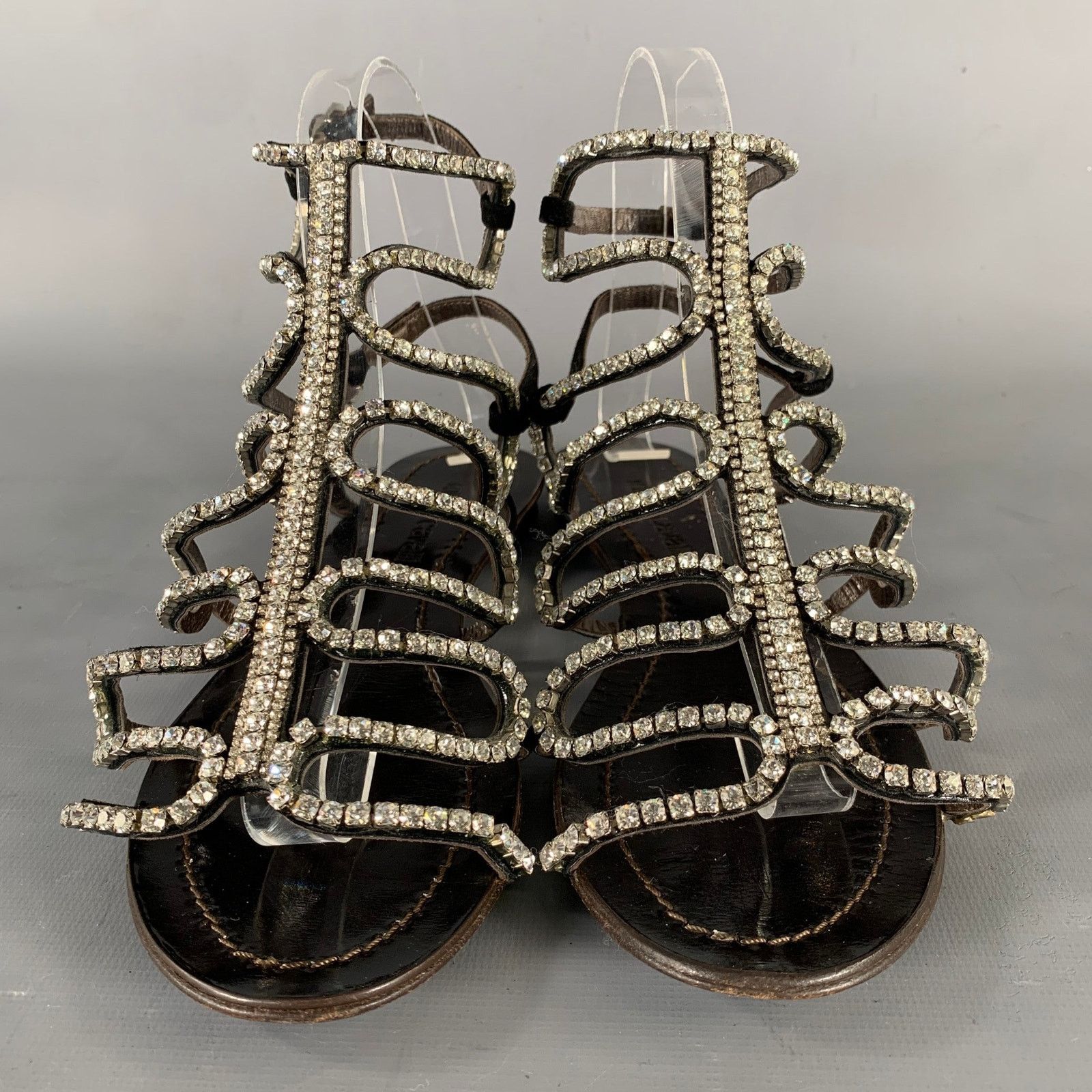 Roberto Cavalli Size 7 Black Rhinestone Leather Gladiator Sandals Size US 7 / IT 37 - 4 Thumbnail