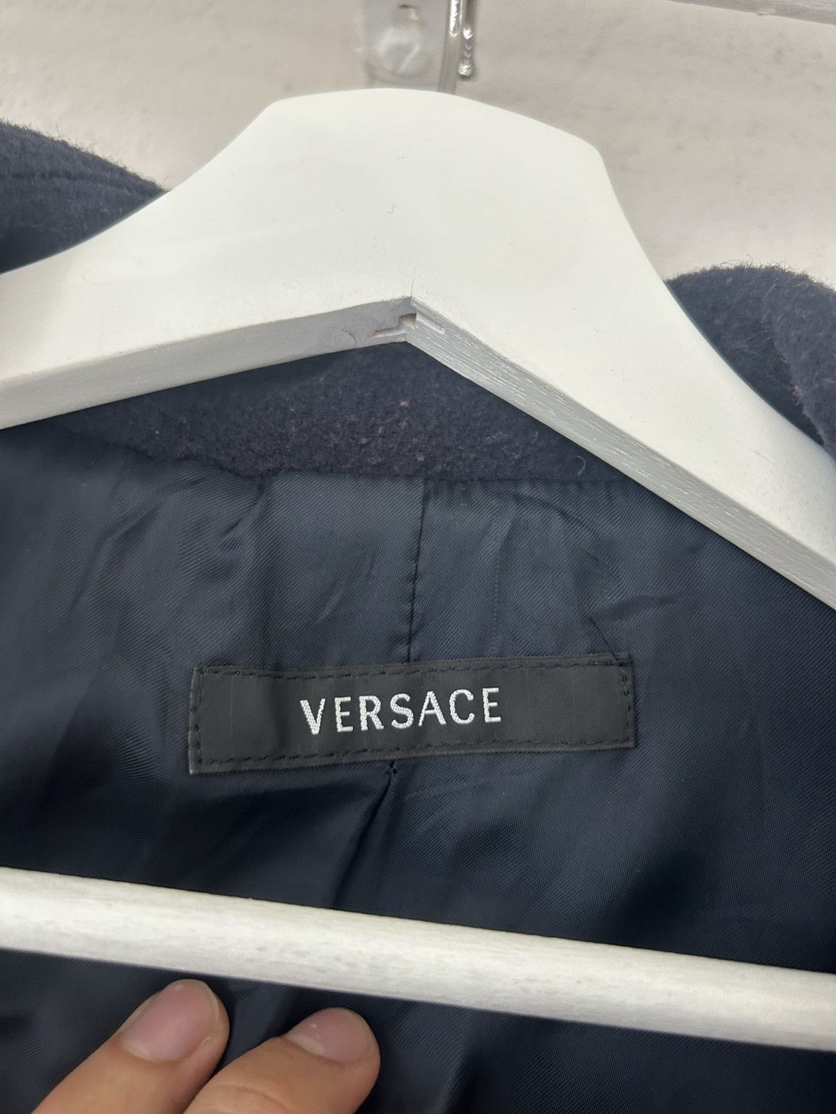 Versace Navy Wool Double-Breasted Peacoat with Cowl Hood Size US L / EU 52-54 / 3 - 3 Thumbnail