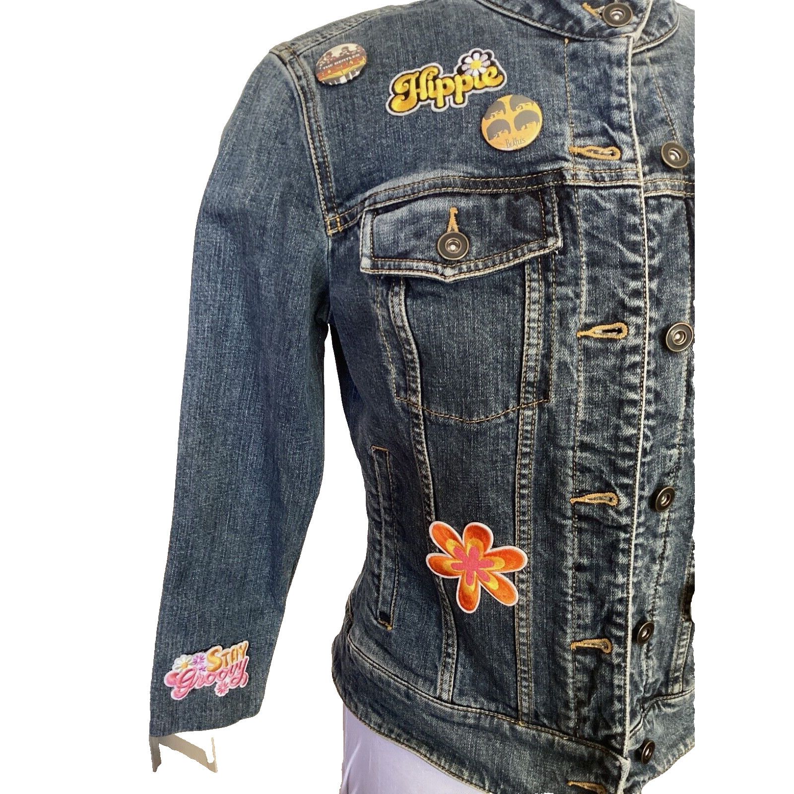 I.N.C THE BEATLES FAB FOUR HIPPIE LOVE PEACE TRUCKER JEAN JACKET Size M / US 6-8 / IT 42-44 - 5 Thumbnail