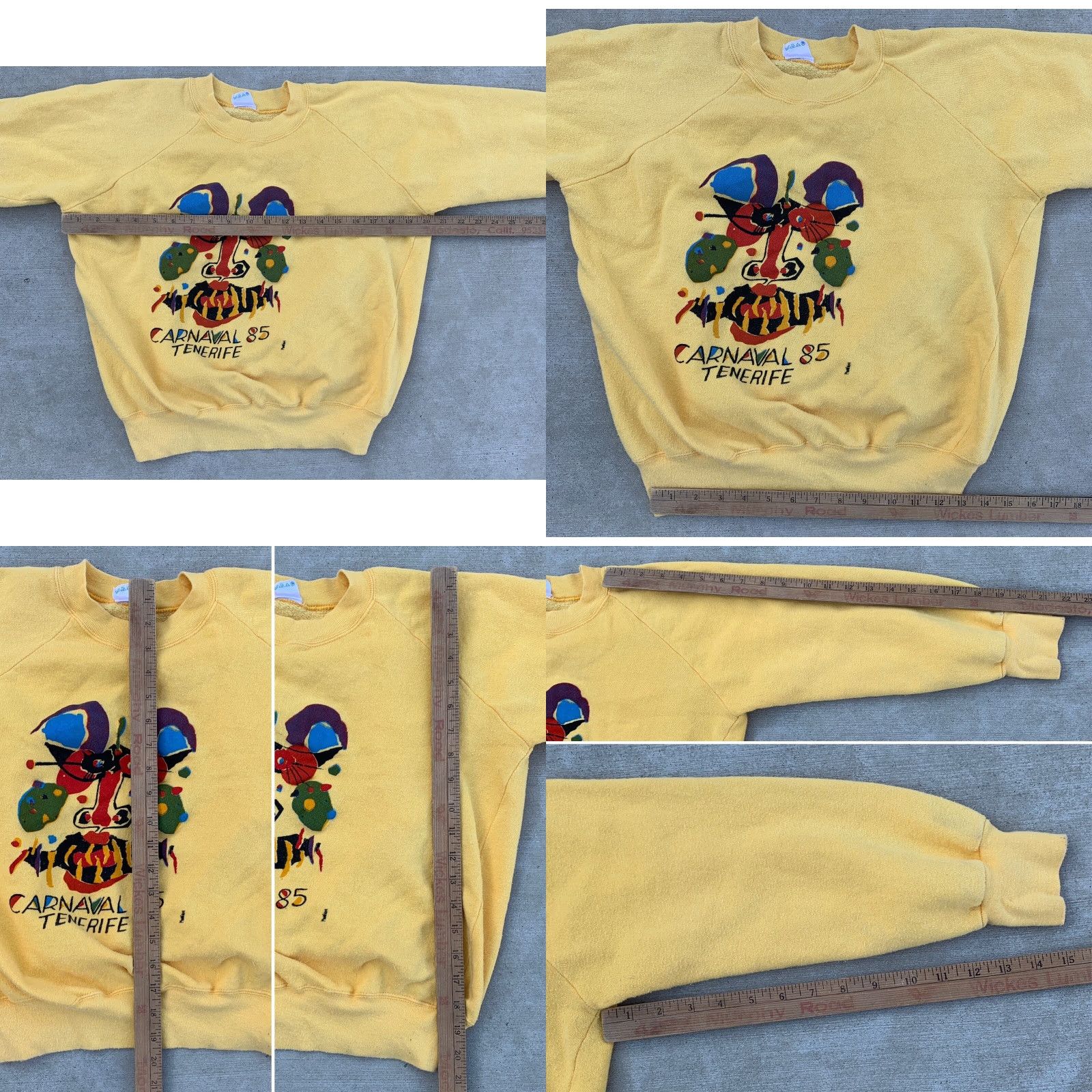Vintage VINTAGE Carnaval 85 Tenerife Cesar Manrique Art Sweatshirt Raglan 1980s XL Yellow Unisex Adults Pullover Graphic Print 80s Men Women Size US XL / EU 56 / 4 - 11 Thumbnail