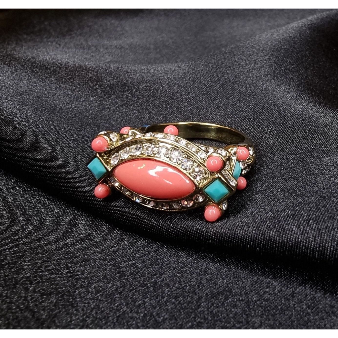 Vintage Heidi Daus Crystal & Enamel Statement Ring With Pink Coral & Size ONE SIZE - 2 Thumbnail