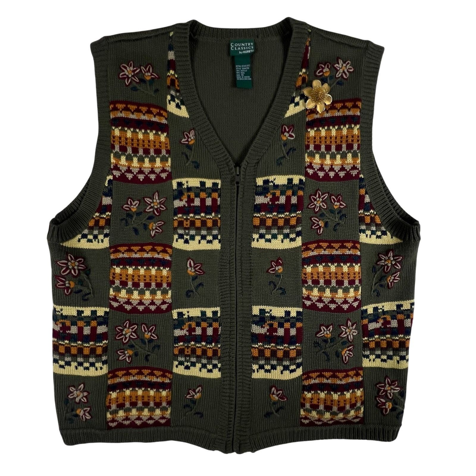 Vintage Vintage Embroidered Knit Vest XL Olive Floral Granny Cottage Size XL / US 12-14 / IT 48-50 - 4 Thumbnail
