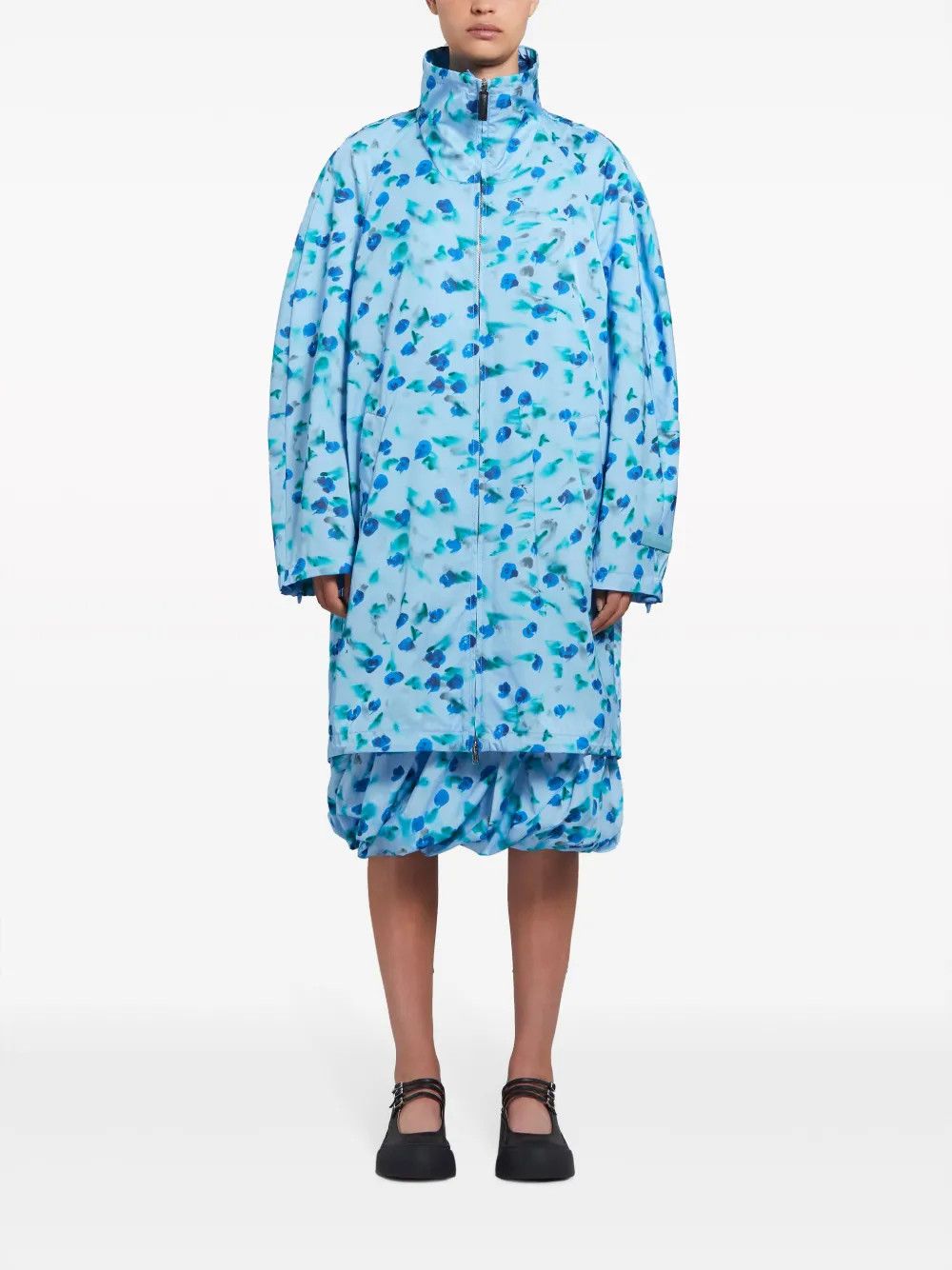 Marni o1w1db10125 Floral Print Ruched Midi Coat in Light Blue Size L / US 10 / IT 46 - 2 Thumbnail