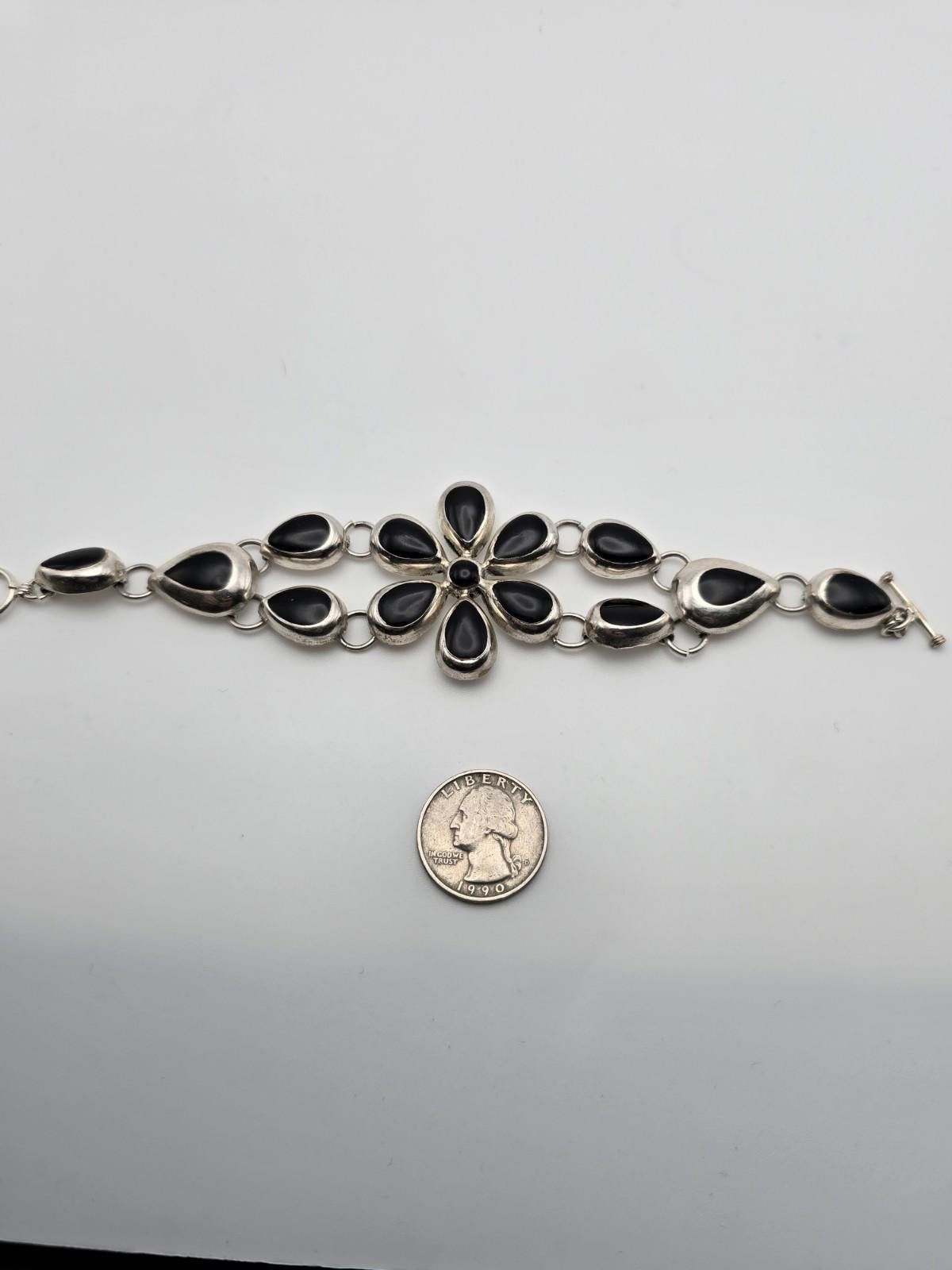 Sterling Silver Vintage Mexican Onyx Sterling Silver Flower Bracelet 32g Size ONE SIZE - 1 Thumbnail