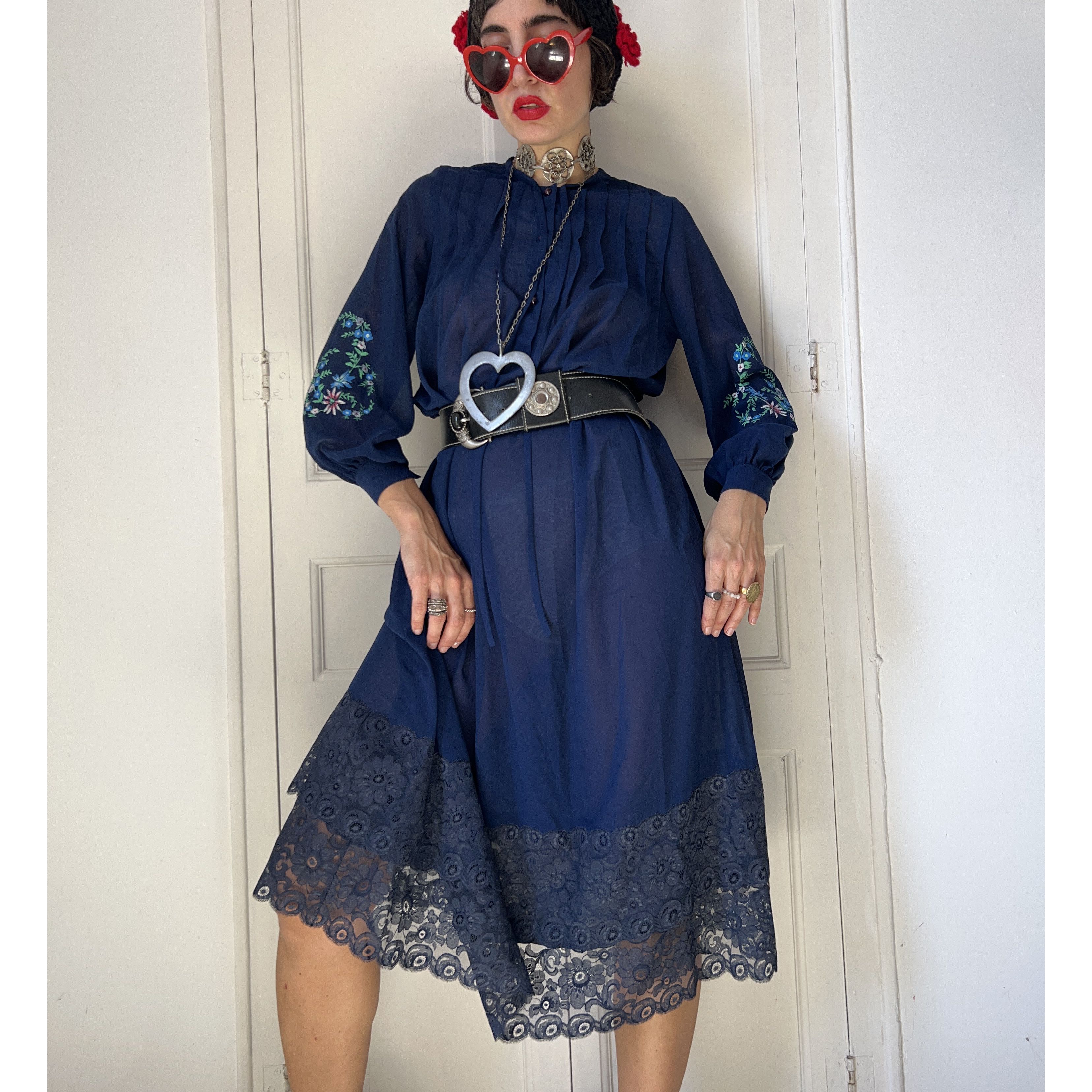 Vintage Vintage 70s Navy Blue Sheer Lace Dress Size M / US 6-8 / IT 42-44 - 4 Thumbnail
