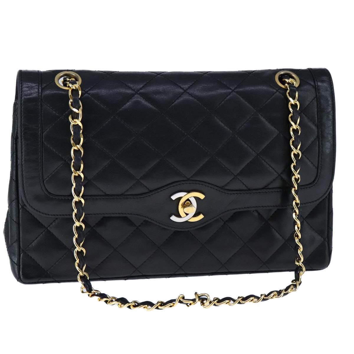 Double Flap Black Leather Shoulder Bag (Pre-Owned)