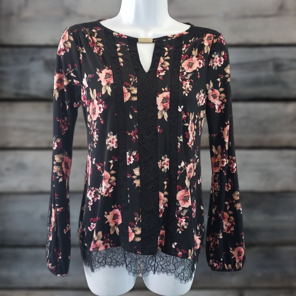 White House Black Market White House Black Market Blouse Womens Top Long Sleeve Floral Lace Hem 2XSP Pink Red Black Vintage No N/A Size XXS / US 00 / IT 34 - 1 Thumbnail