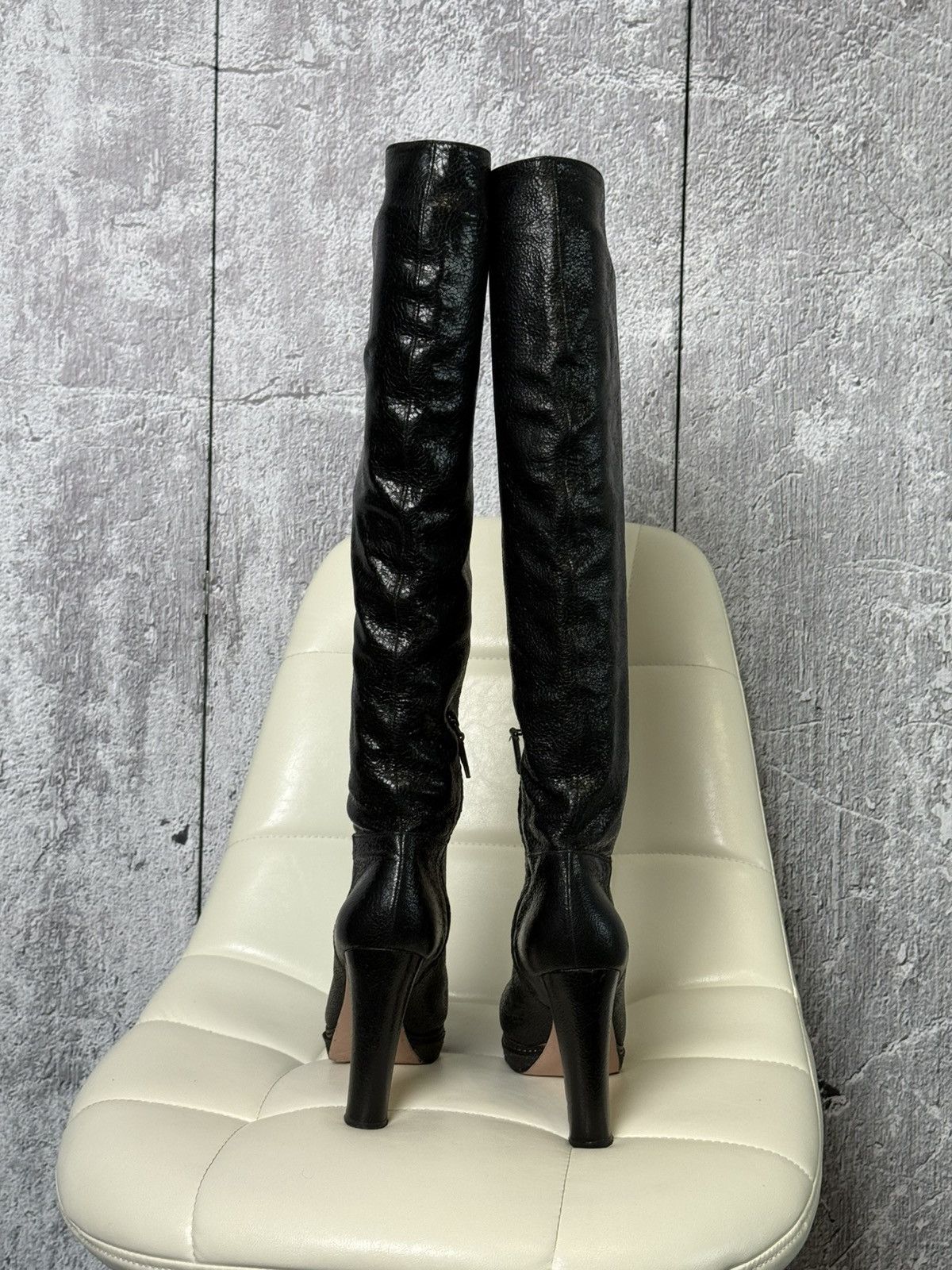 Prada Prada Black Textured Leather Knee High Platform Heeled Boots Size US 8 / IT 38 - 17 Thumbnail