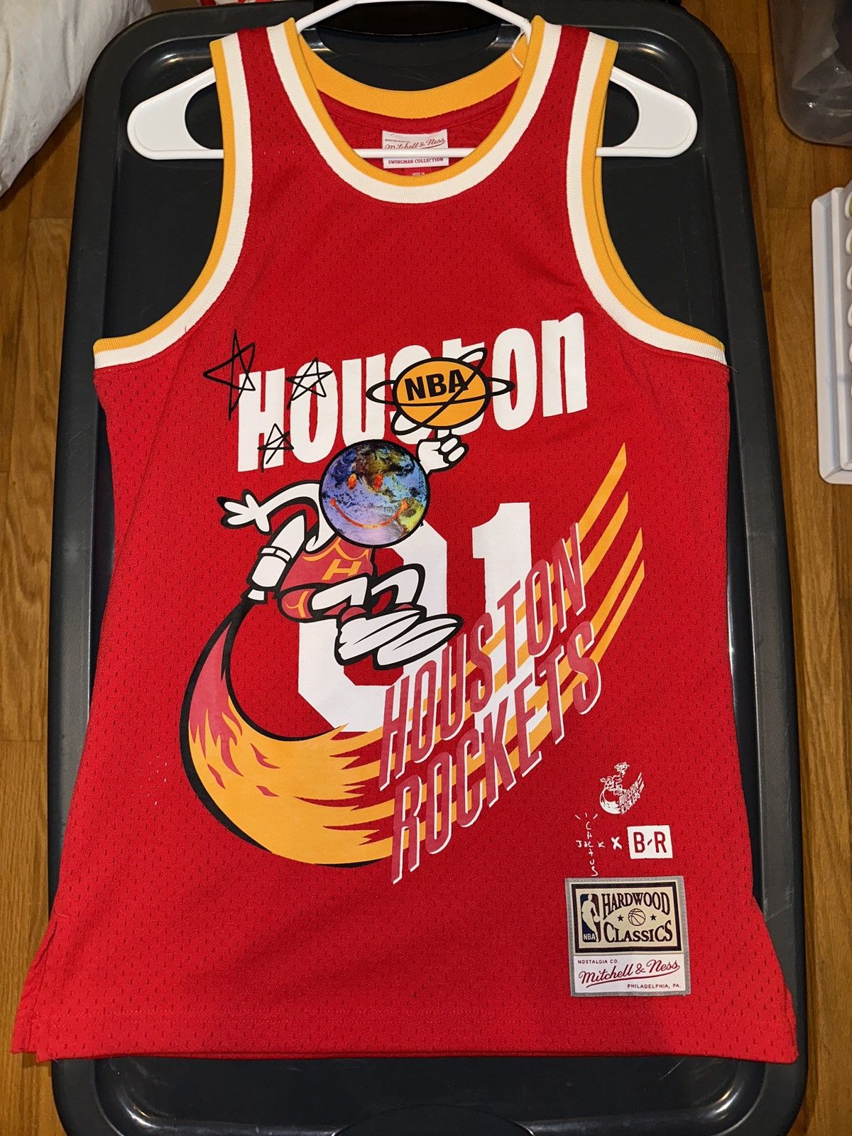 image of Mitchell Ness x NBA Red Travis Scott Bleacher Report Houston Rockets Jersey, Men's (Size Small)