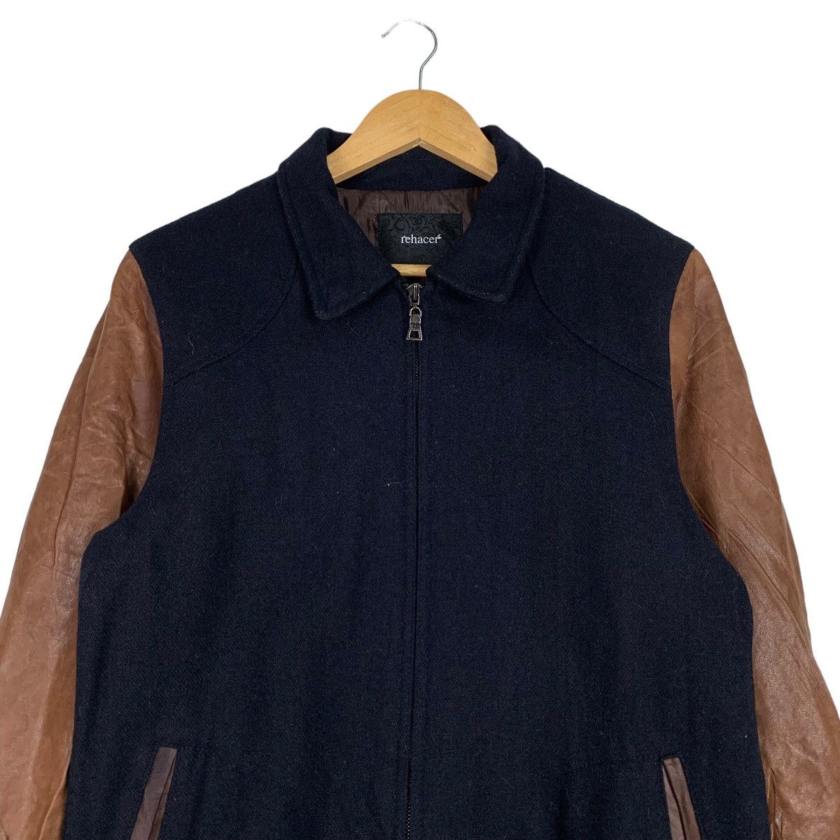 Japanese Brand REHACER Sheepskin Sleeve Navy Wool Bomber Jacket #1031-C46 Size US M / EU 48-50 / 2 - 2 Thumbnail
