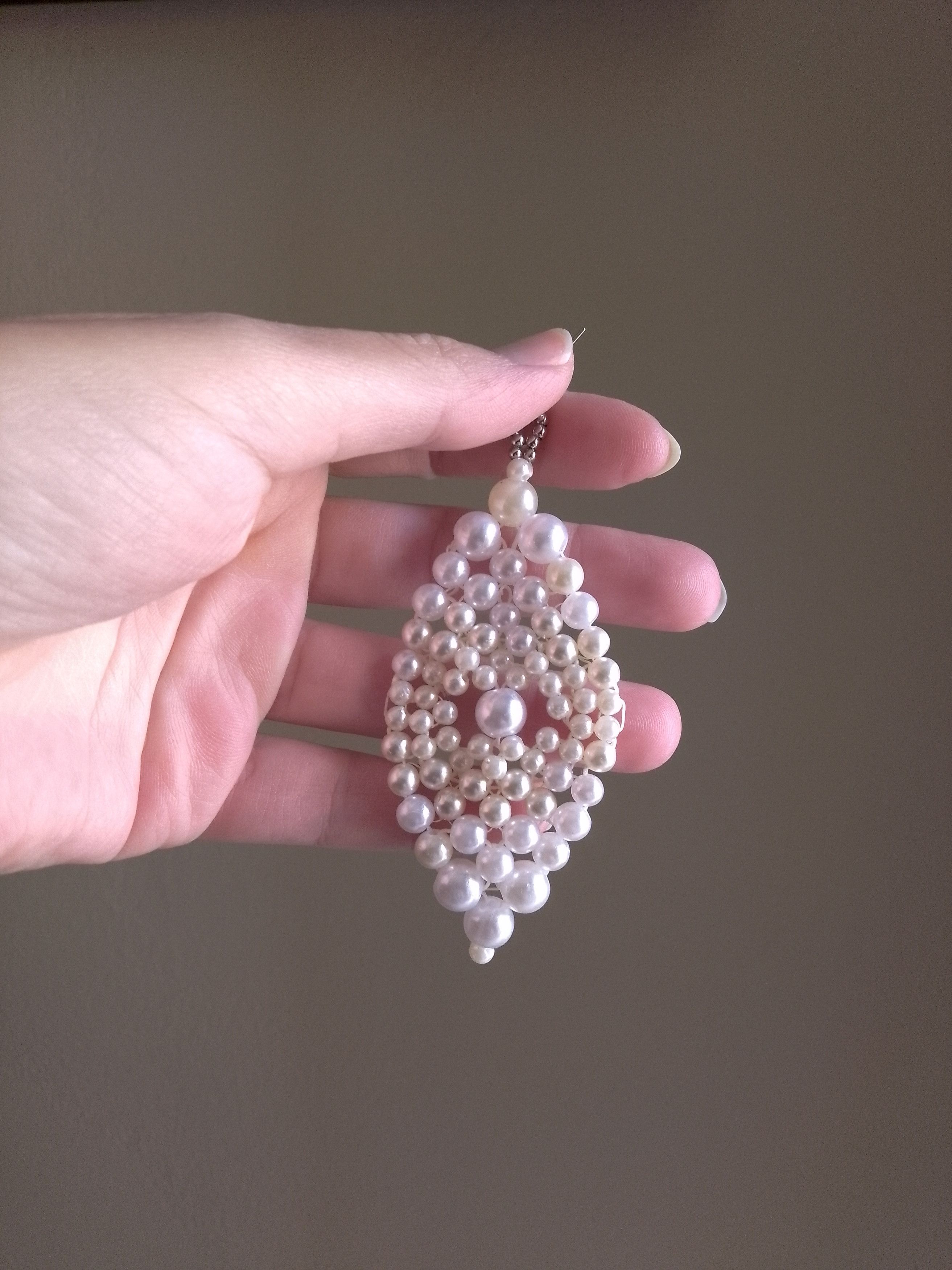Handmade Earrings Pearls White Elegant Long Embroidered Size ONE SIZE - 5 Thumbnail