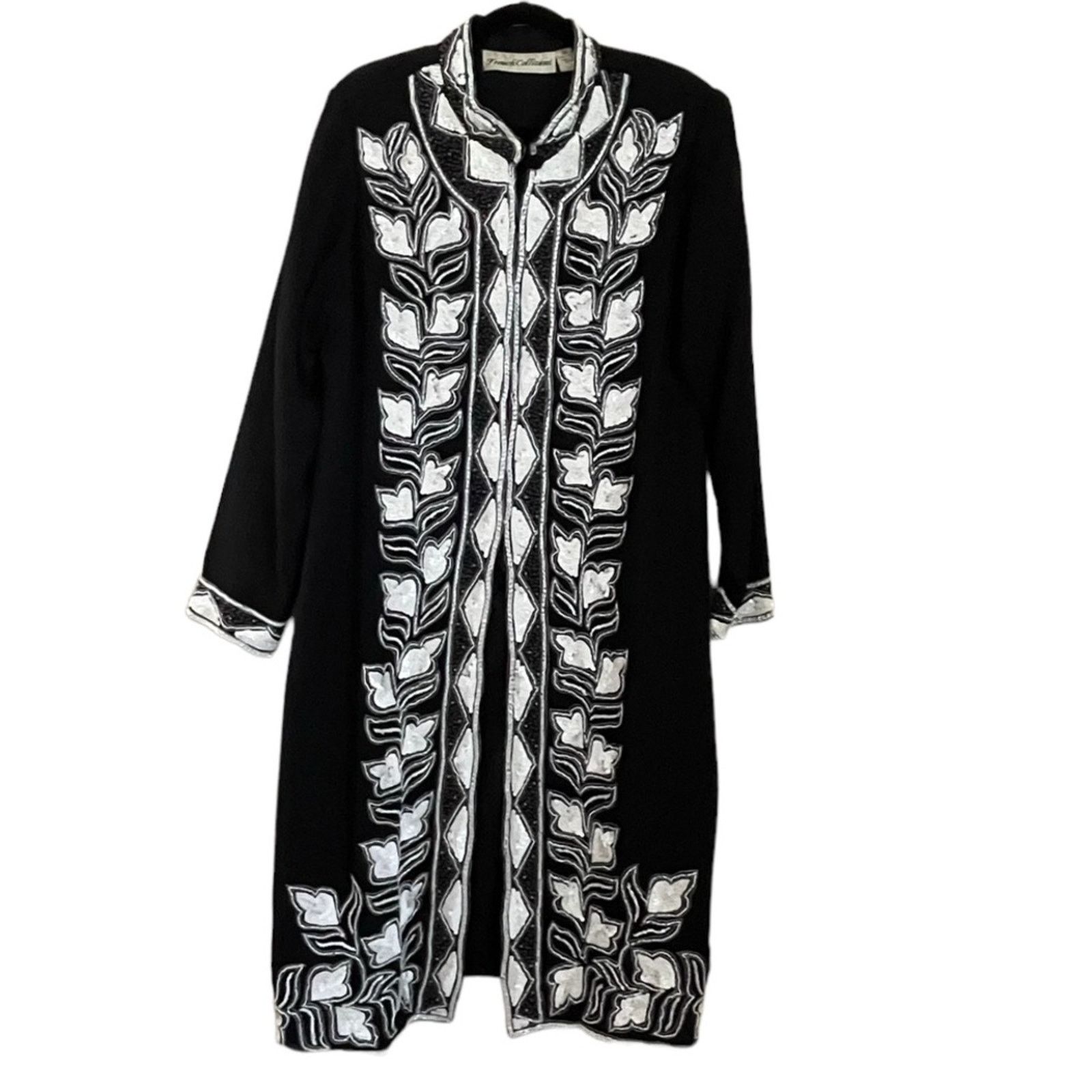 Vintage 80s Hand high quality Embroidered Sequined Duster Long Cardigan Floral Black White