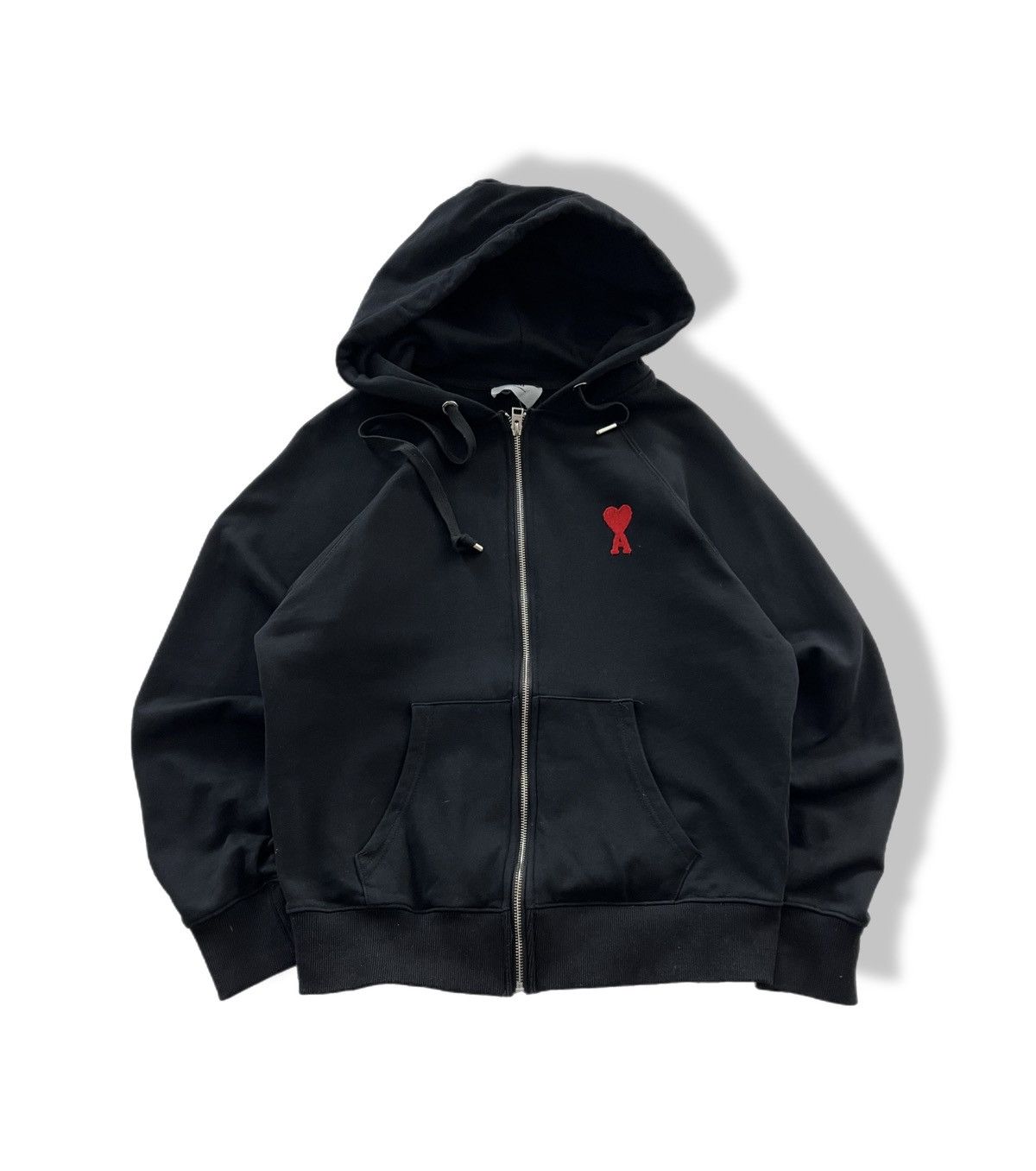 Ami Paris Red Heart Zip Up Hoodie Black M