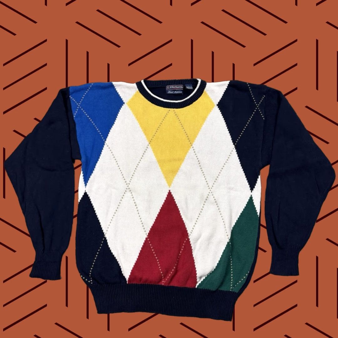 Vintage VINTAGE 90s CF Hathaway Mens Blue Cotton Argyle Diamond Knit Sweater Pullover Long Sleeve All Seasons Size US L / EU 52-54 / 3 - 1 Thumbnail