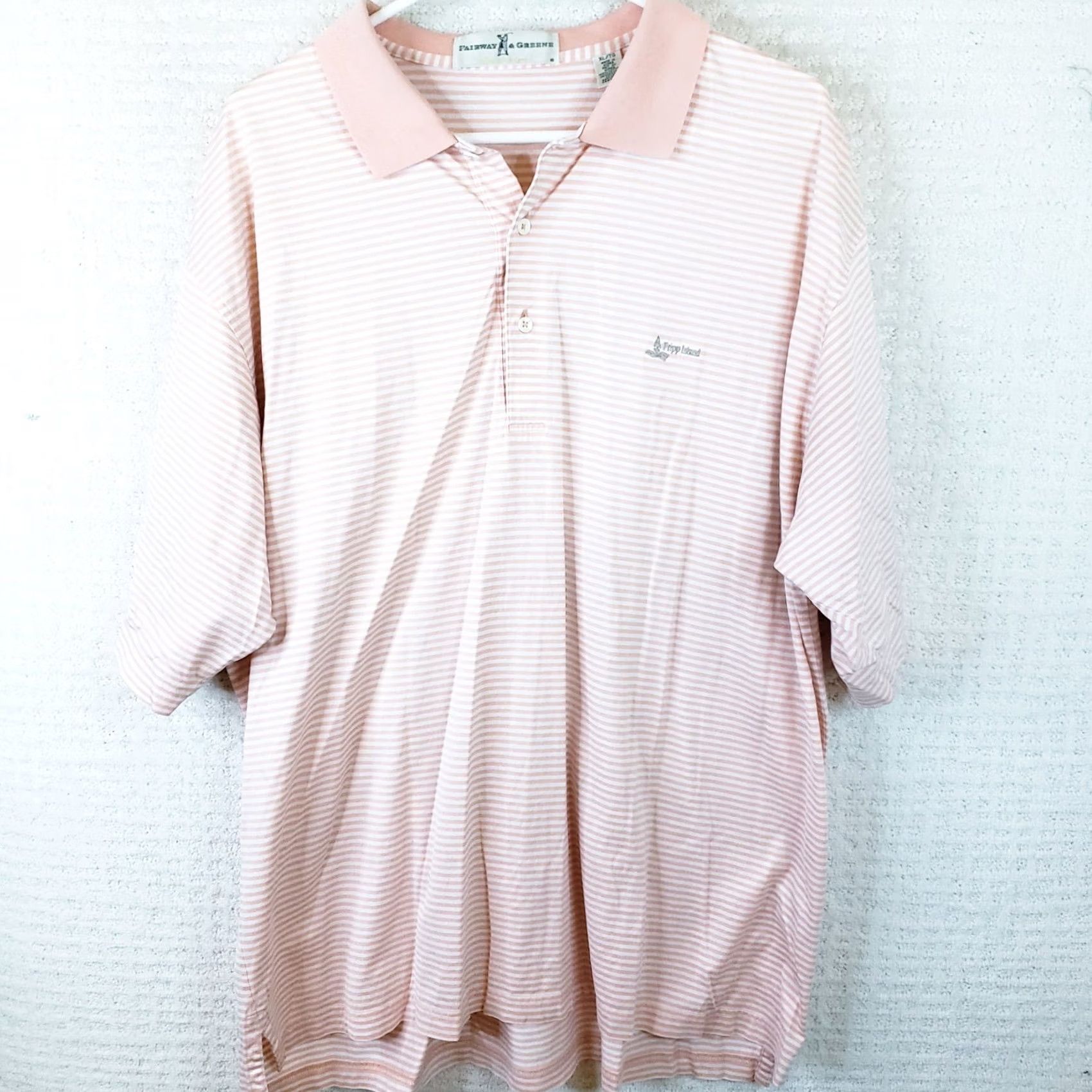 Vintage Fairway & Greene XL Shortsleeve Polo Peach Pink Striped Fripp Island Chest Logo Polo Shirt Mens XL Pink Striped Fripp Island Logo Size US XL / EU 56 / 4 - 2 Thumbnail