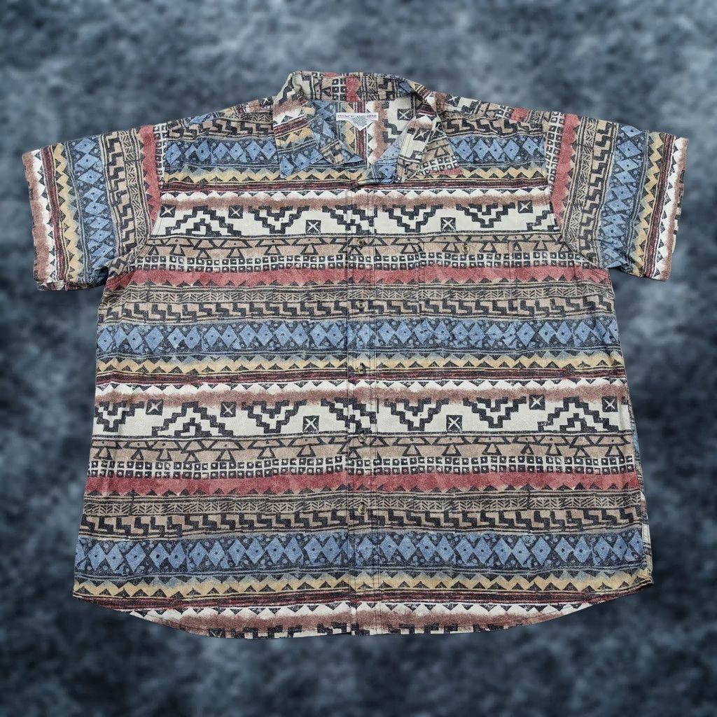 Marcs VINTAGE Marc Daniels Shirt Mens 2XL Brown Southwestern Tribal Aztec Short Sleeve Button-Up Collar Point Pockets Geometric Size US XXL / EU 58 / 5 - 1 Thumbnail
