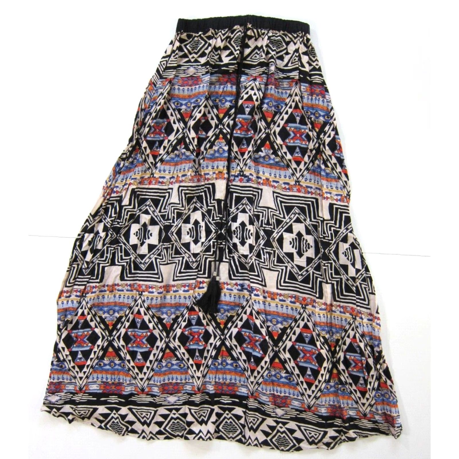 Vintage Angie Skirt Geometric Maxi Long 100% Rayon Black Orange Blue Women L Adult Small Size 36" / US 14 / IT 50 - 2 Thumbnail