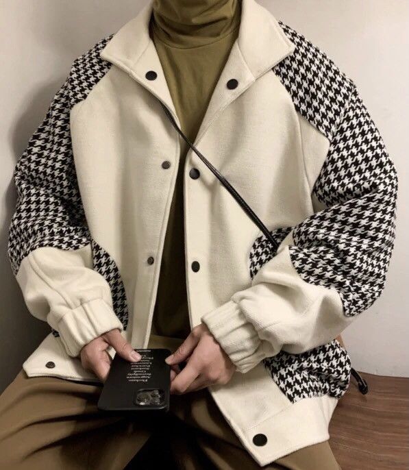 image of Vintage Retro Houndstooth Patchwork Jacket Coat in Beige, Men's (Size XL)