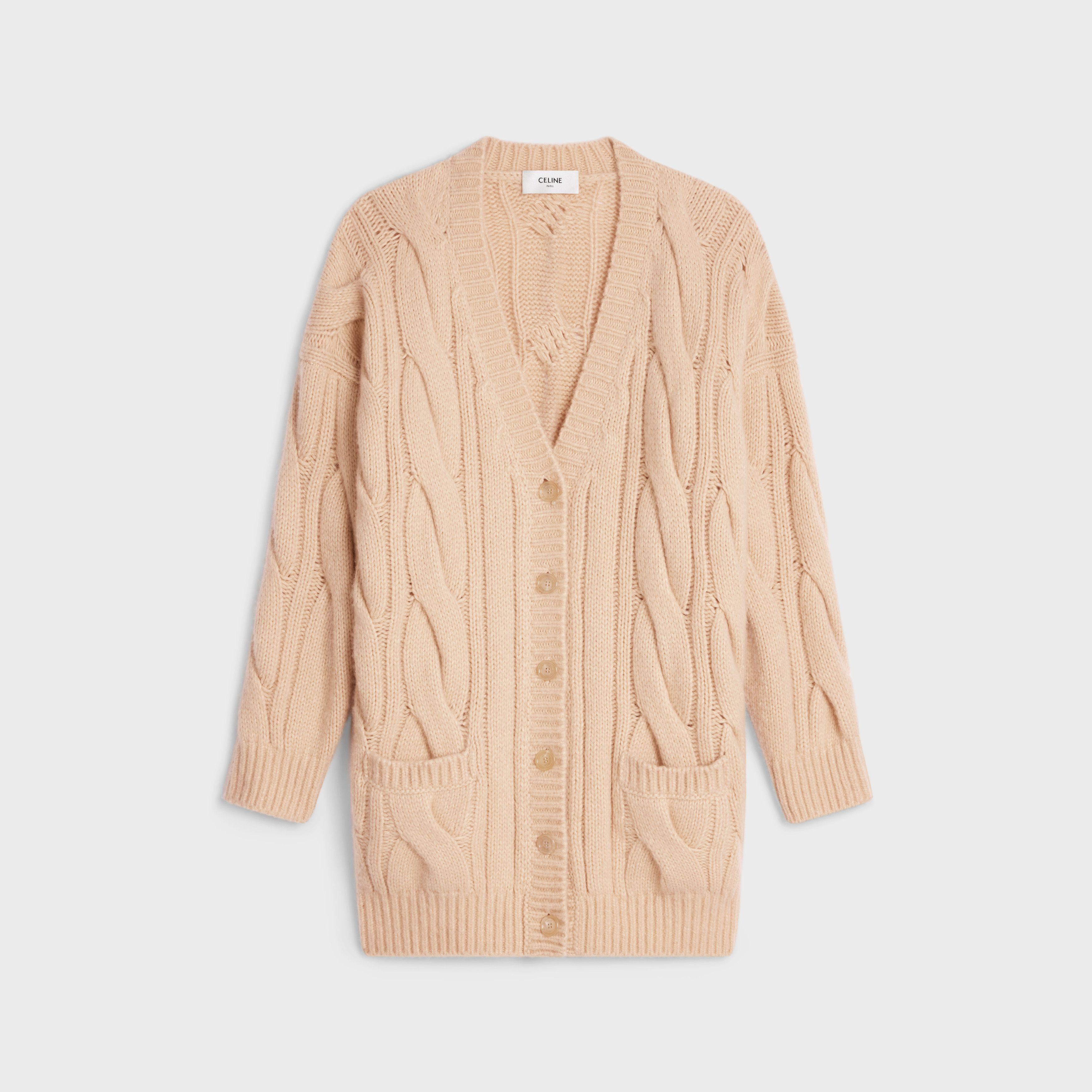 Celine o1bcso1str0824 Cable-Knit Long Cardigan Cashmere in Beige Size L / US 10 / IT 46 - 1 Thumbnail