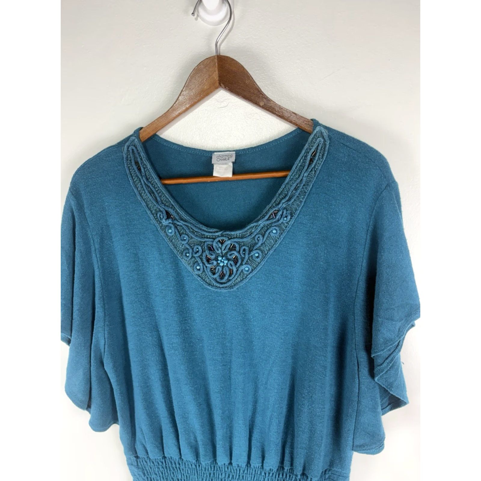Vintage VINTAGE Charming Charlie Tunic Top Womens L USA Turquoise Beaded Flutter Sleeve Knit Blouse - 25in Length - 17in Pit to Pit - Regular Fit Size L / US 10 / IT 46 - 3 Thumbnail
