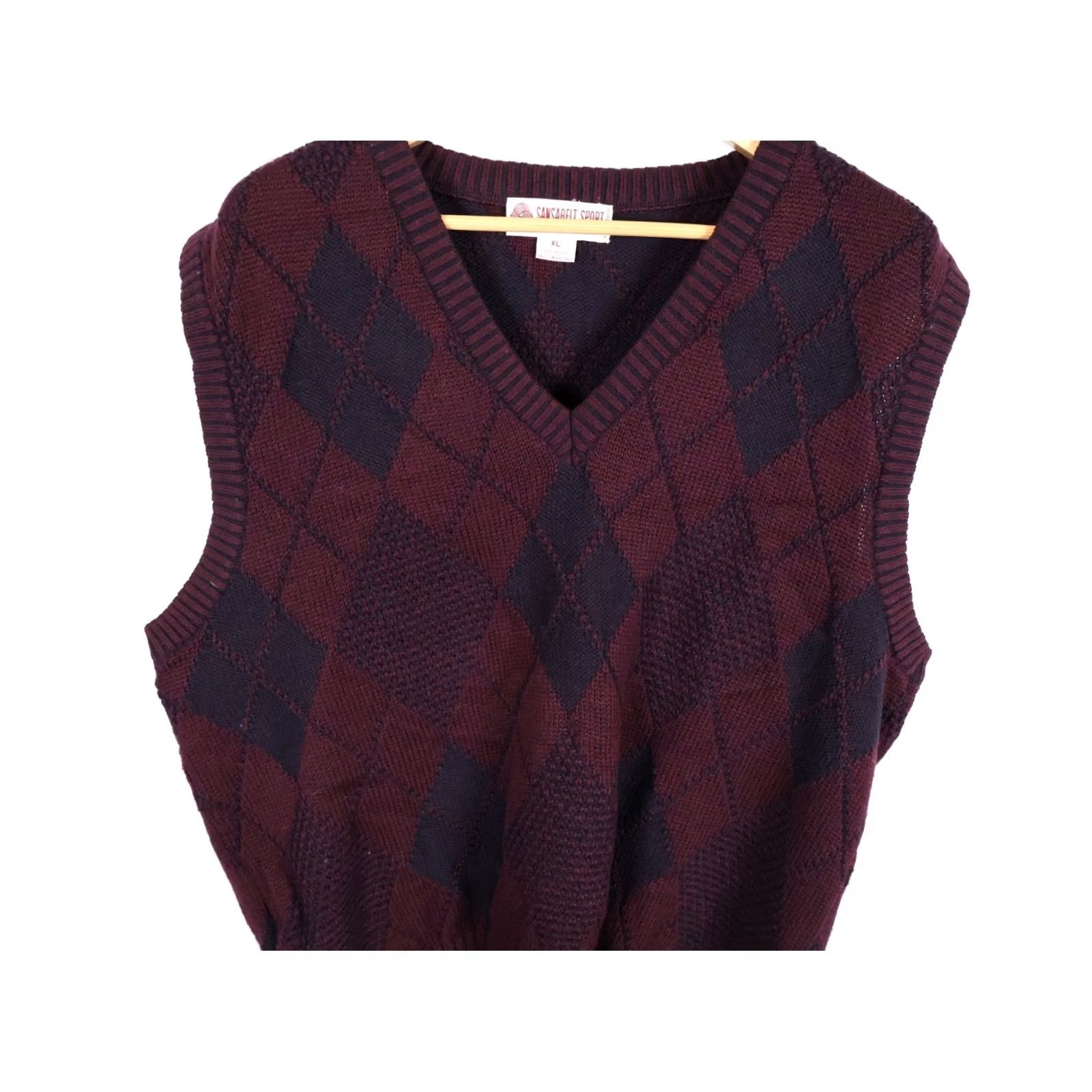 Vintage VINTAGE Sansabelt Sweater Vest Shirt Mens XL Dark Red Argyle V-Neck 80s 90s Retro Preppy Knit Wool Reds Blues Regular Size US XL / EU 56 / 4 - 4 Thumbnail