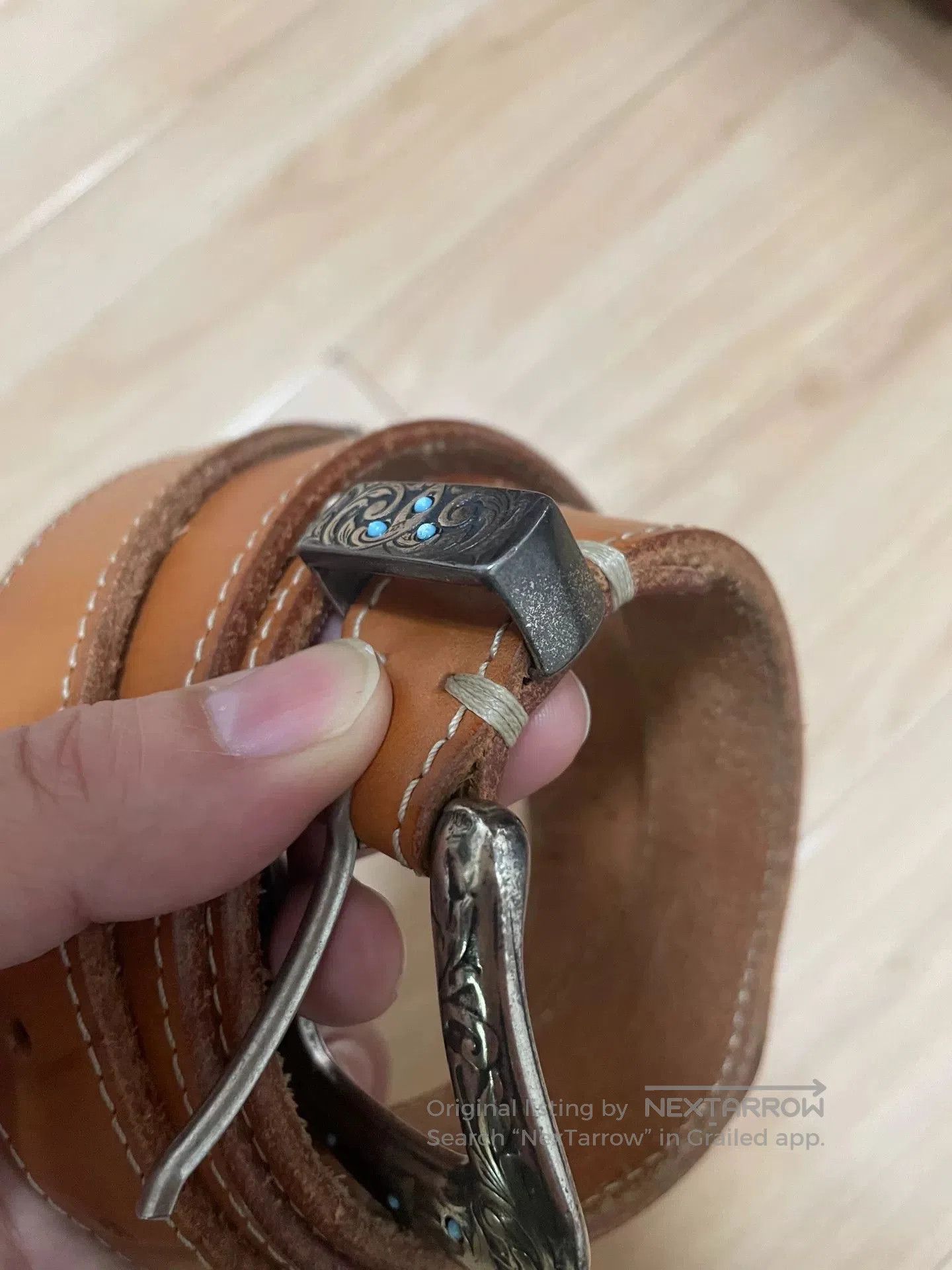 Japanese Brand Handmade Italian Turquoise Inlaid Leather Belt. Size ONE SIZE - 6 Thumbnail