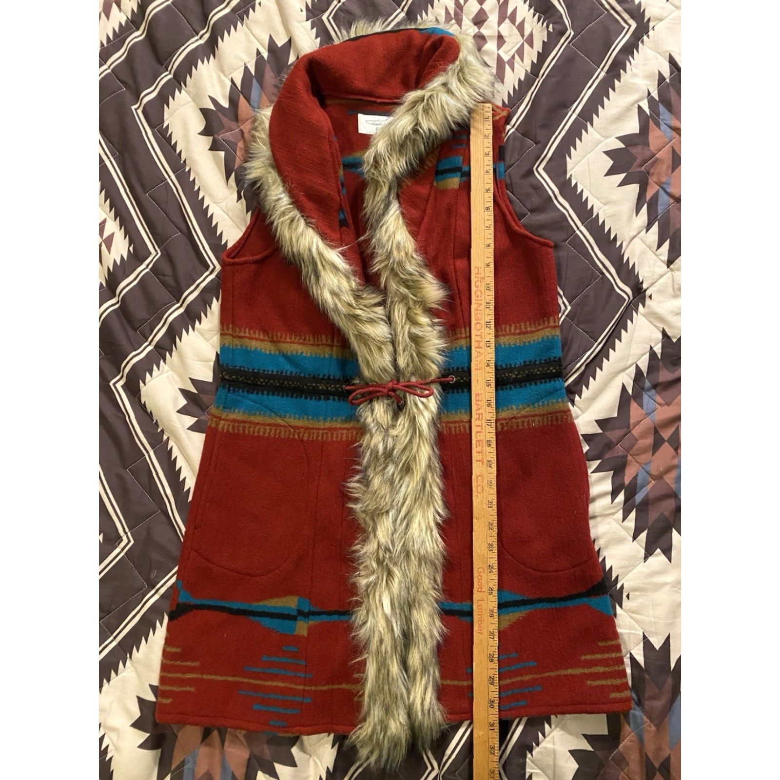 Vintage Tasha Polizzi Sleeveless Jacket Vest Tie Front Southwest Aztec Faux Fur Red S Womens Jacket Size S / US 4 / IT 40 - 6 Thumbnail