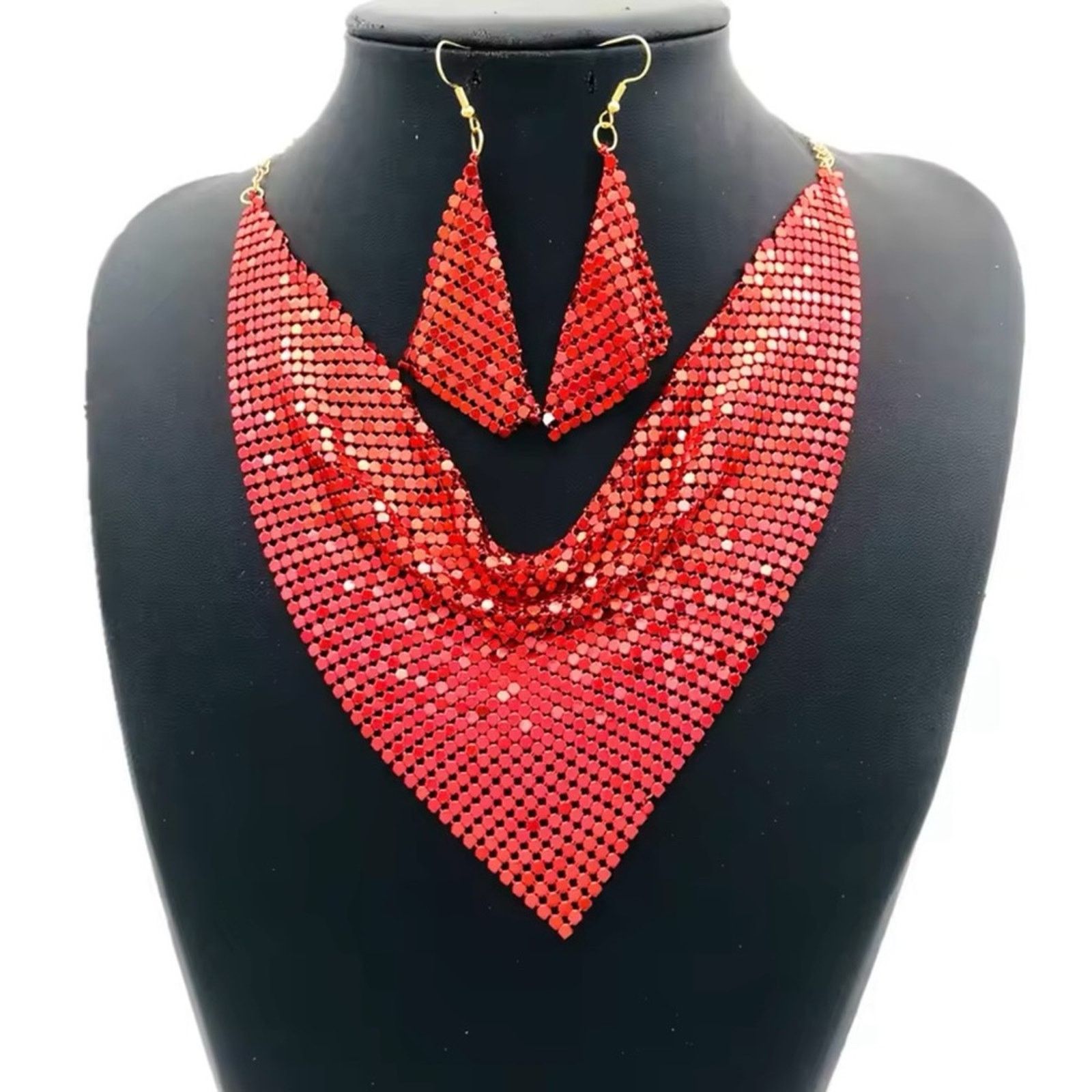 Other Retro Triangle Silk Red Necklace Earrings Set Size ONE SIZE - 1 Thumbnail