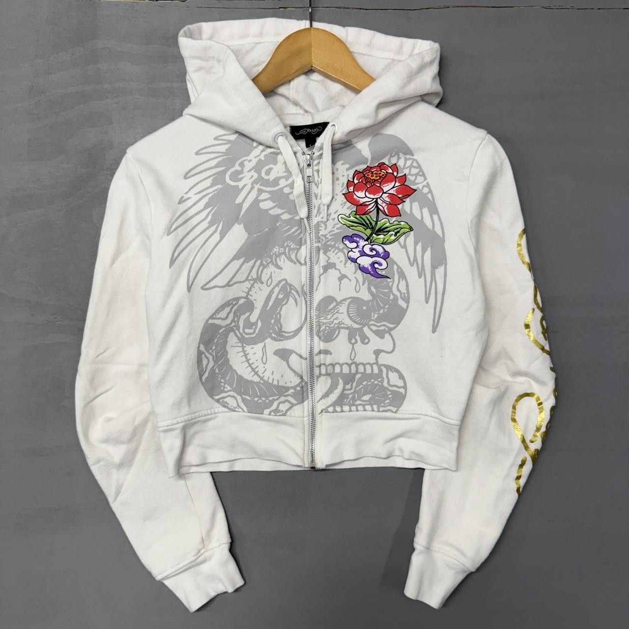 Ed Hardy Japanese Cropped Zip Up White Women's Hoodie Large