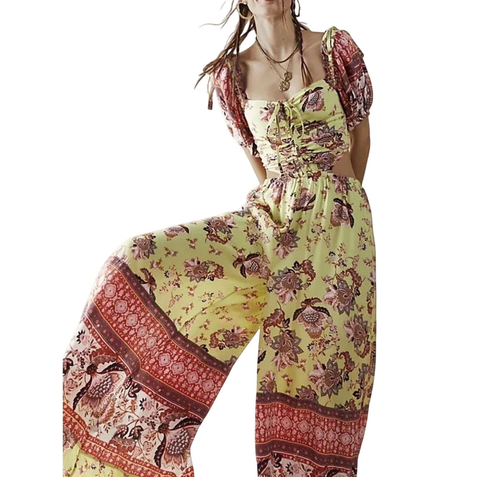 Free People Bali Citrus Skies One Piece Wide Leg Jumpsuit Floral Pockets Size 26" / US 2 / IT 38 - 7 Thumbnail