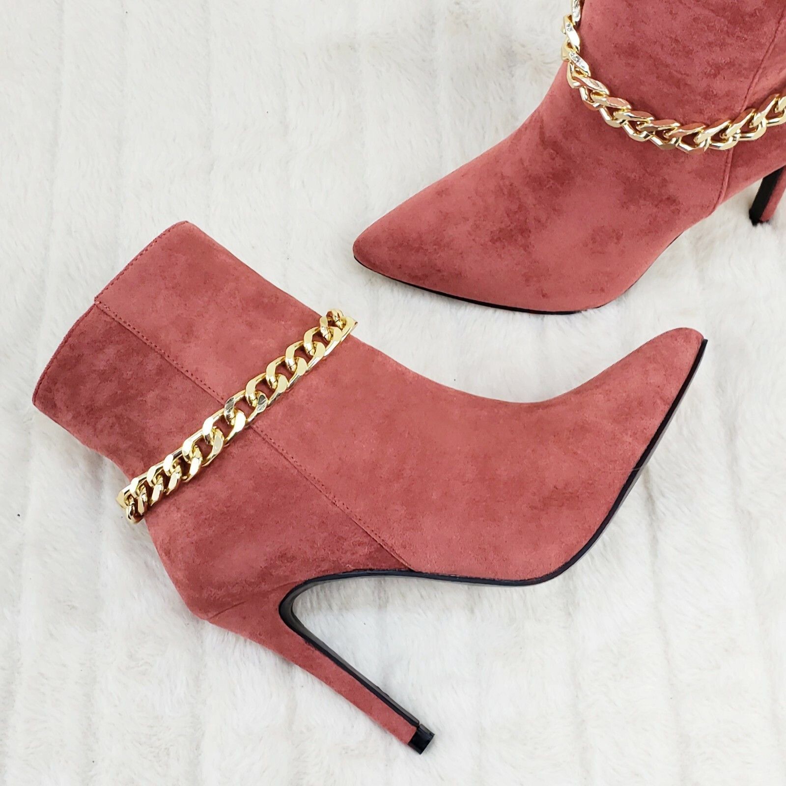 Other Crave Rose Pink FX Suede & Chain Sexy Pointy Toe 4" Stiletto Size US 7.5 / IT 37.5 - 3 Thumbnail