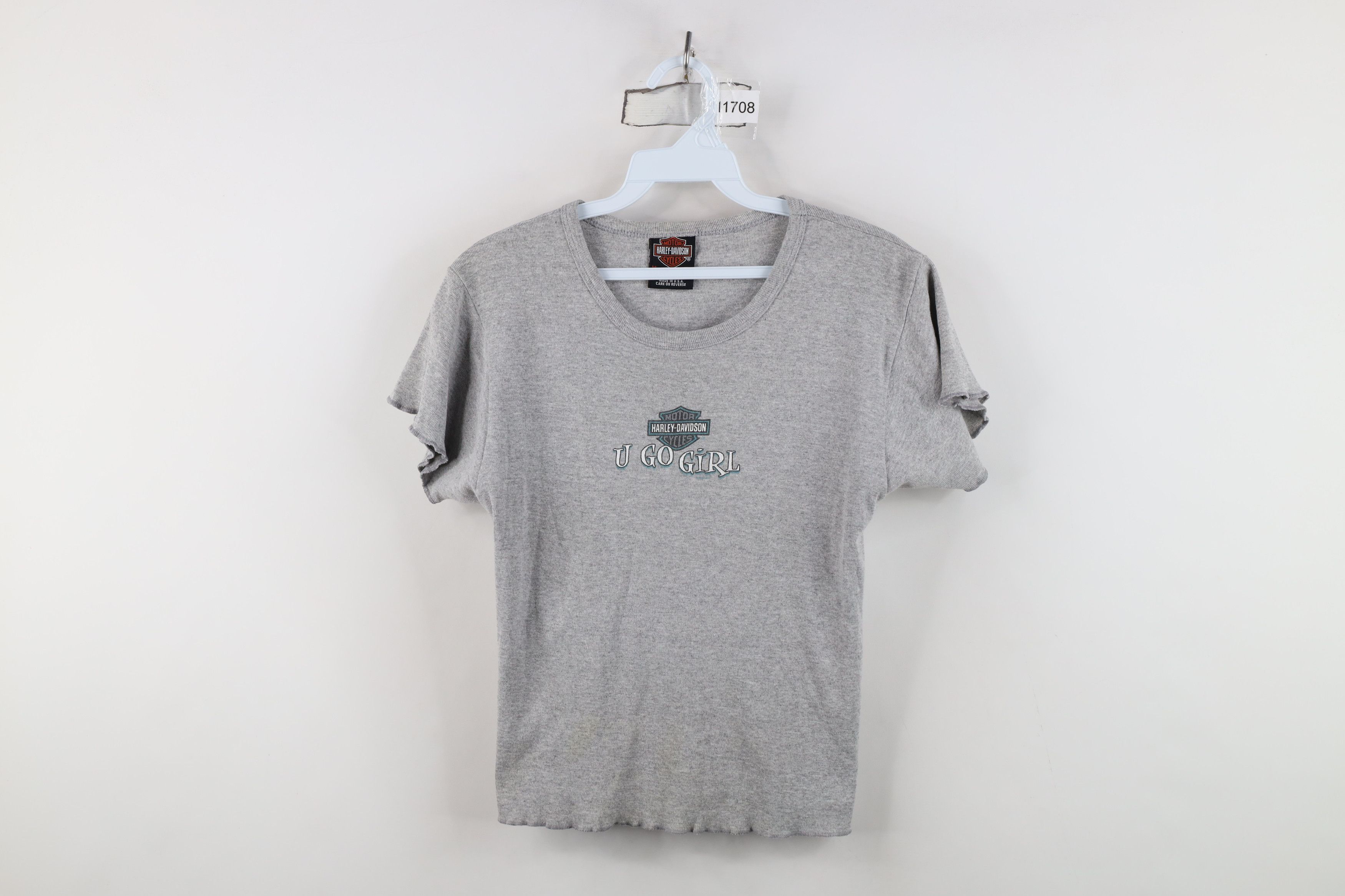 Vintage Y2K 2002 Harley Davidson Cropped T-Shirt Gray USA