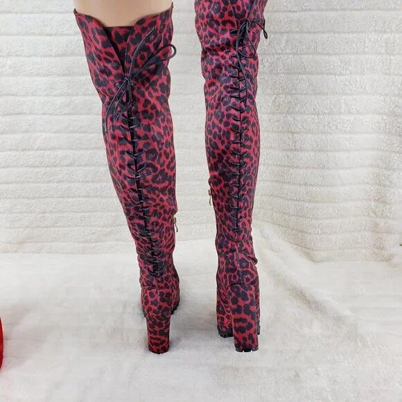 Other Fever Red Leopard Stretch Lace Up Back OTK Chunky Heel Boots Size US 7.5 / IT 37.5 - 8 Thumbnail