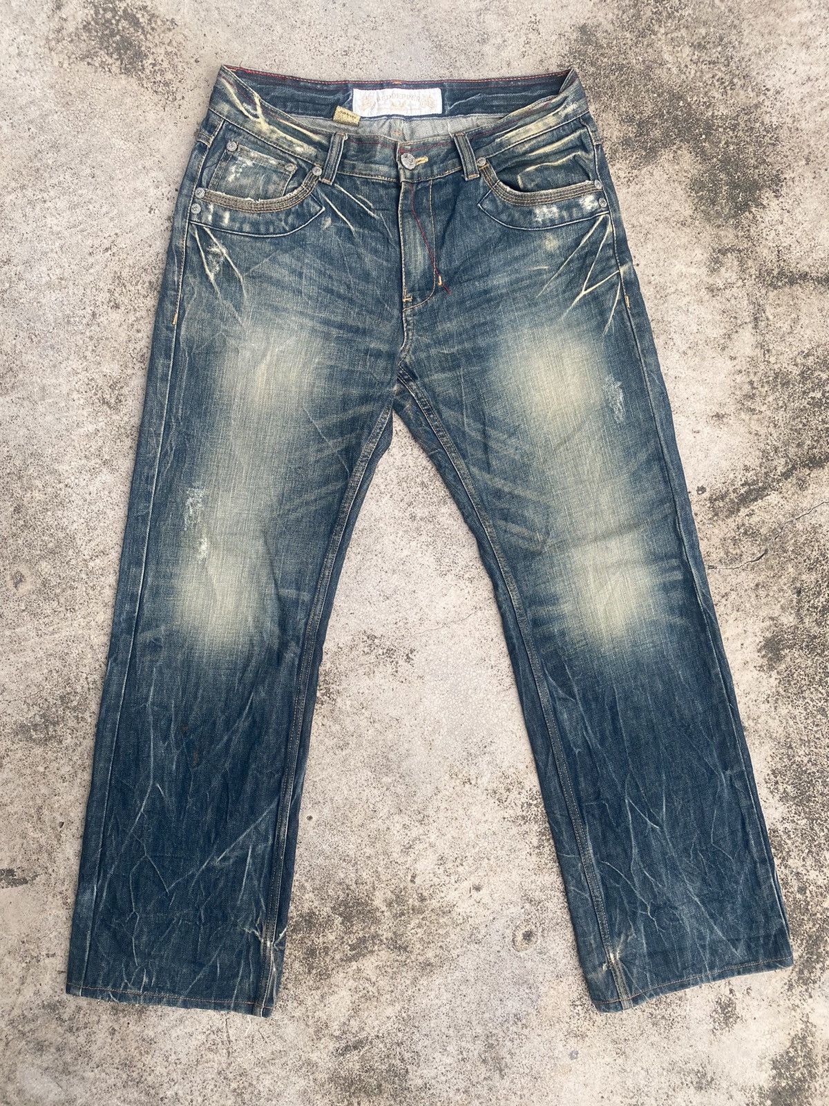 If Six Was Nine × Japanese Brand Flare Jeans Red Pepper Honeycomb Clawmark Splash Size US 33 - 3 Thumbnail